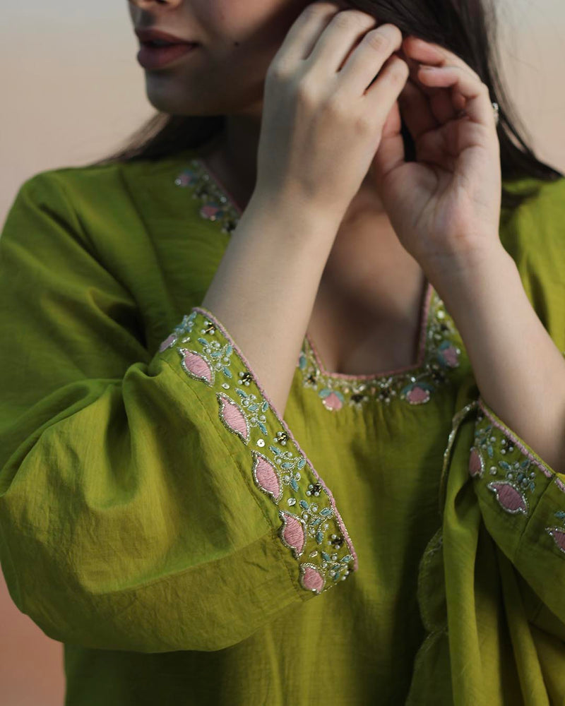 Pear Green Mul Chanderi Suit Set- Set of 3
