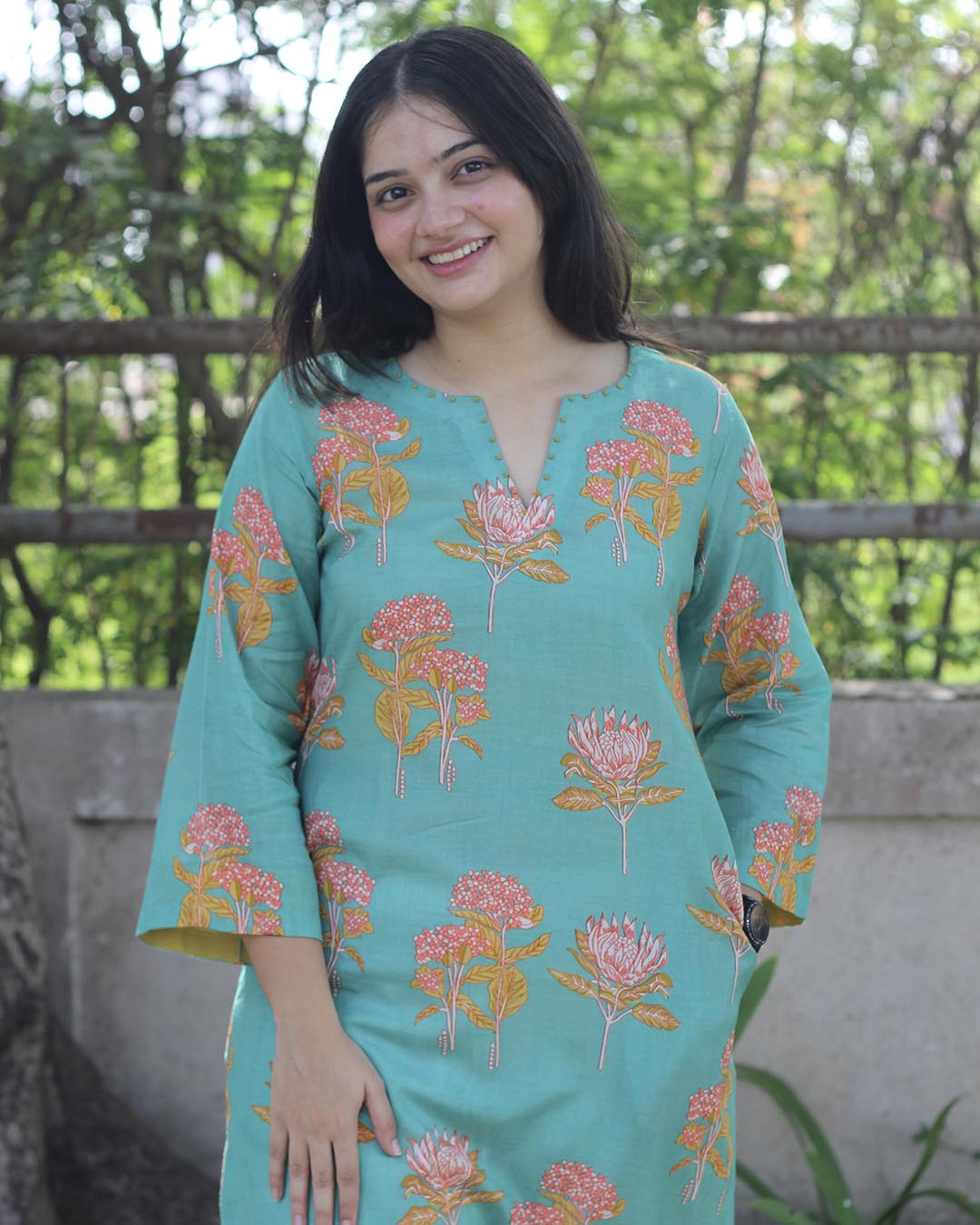 Pastel Mint Printed Cotton kurta with Handwork detail