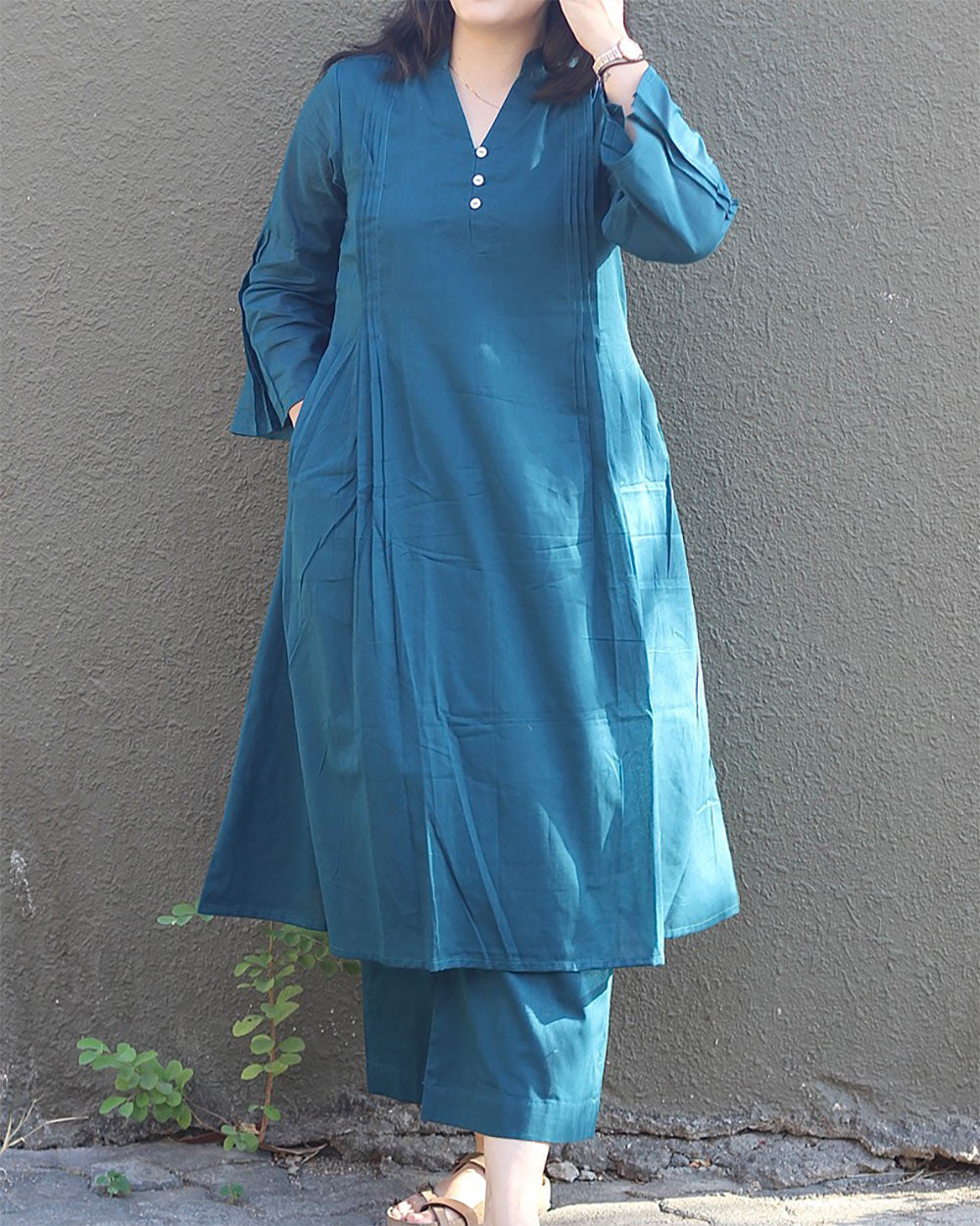 Teal Blue Pleated Cotton Kurta Set- Set of 2