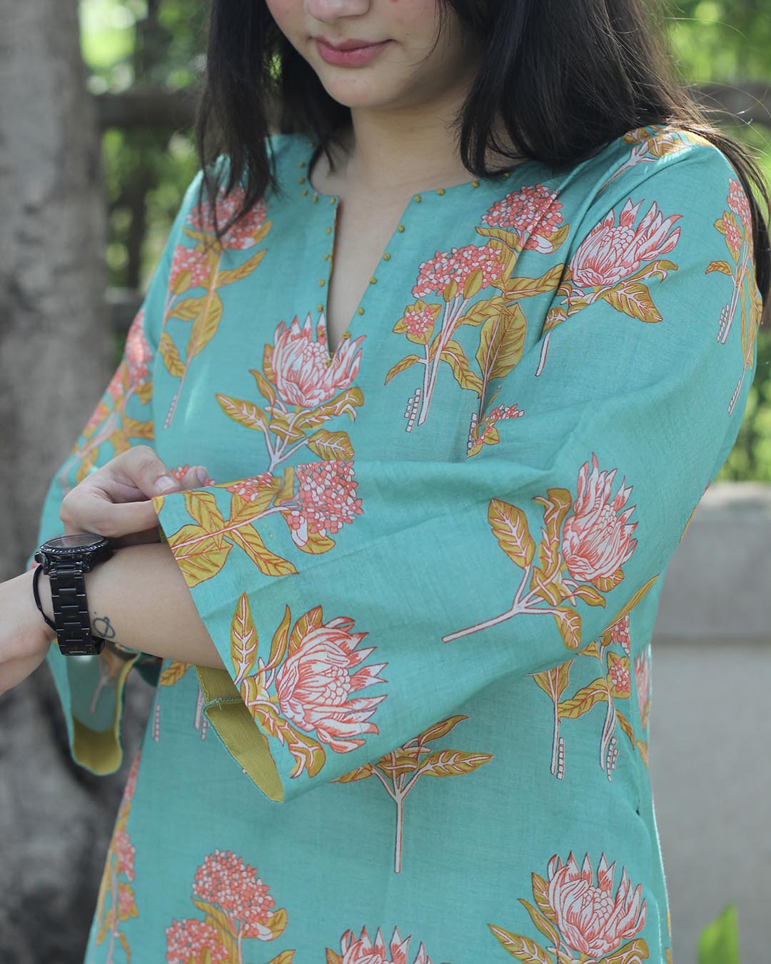 Pastel Mint Printed Cotton kurta with Handwork detail