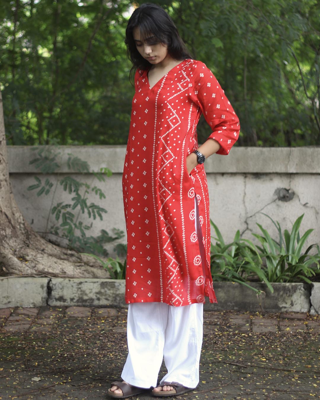 Red Printed Bandhani Kurta - with Lining