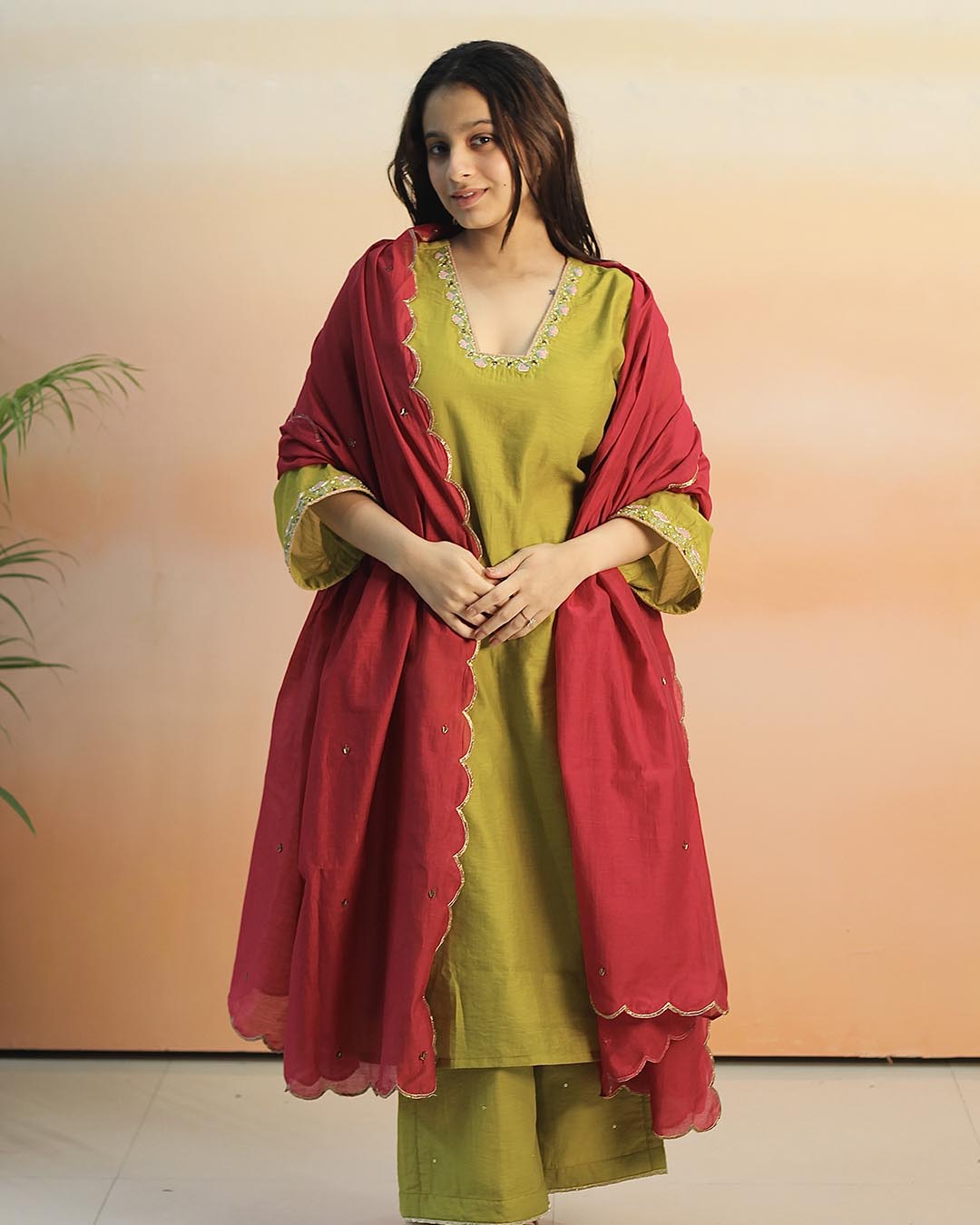 Pear Green Mul Chanderi Suit Set- Set of 3