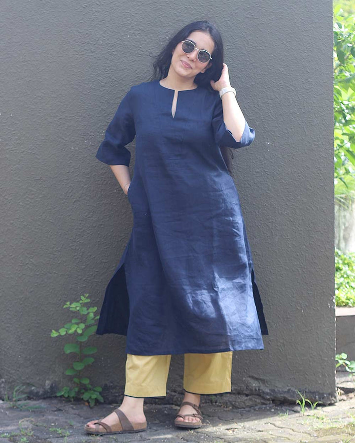 Ink Blue Pure Linen Kurta Set - Set of 2