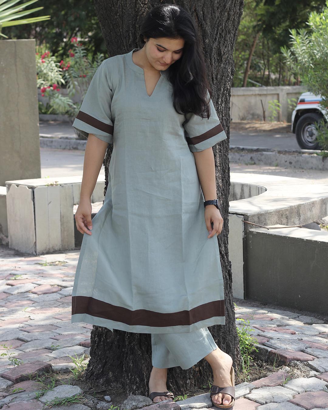 Coffee Stripe Premium Linen Kurta set