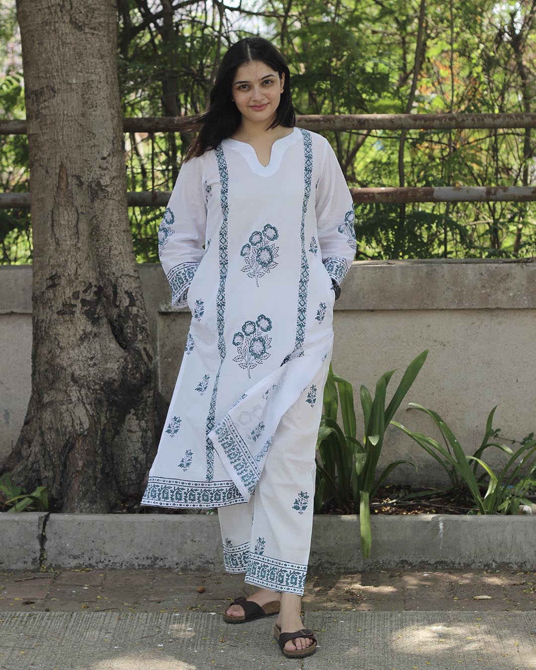 Handblock printed Green contrast kurta set