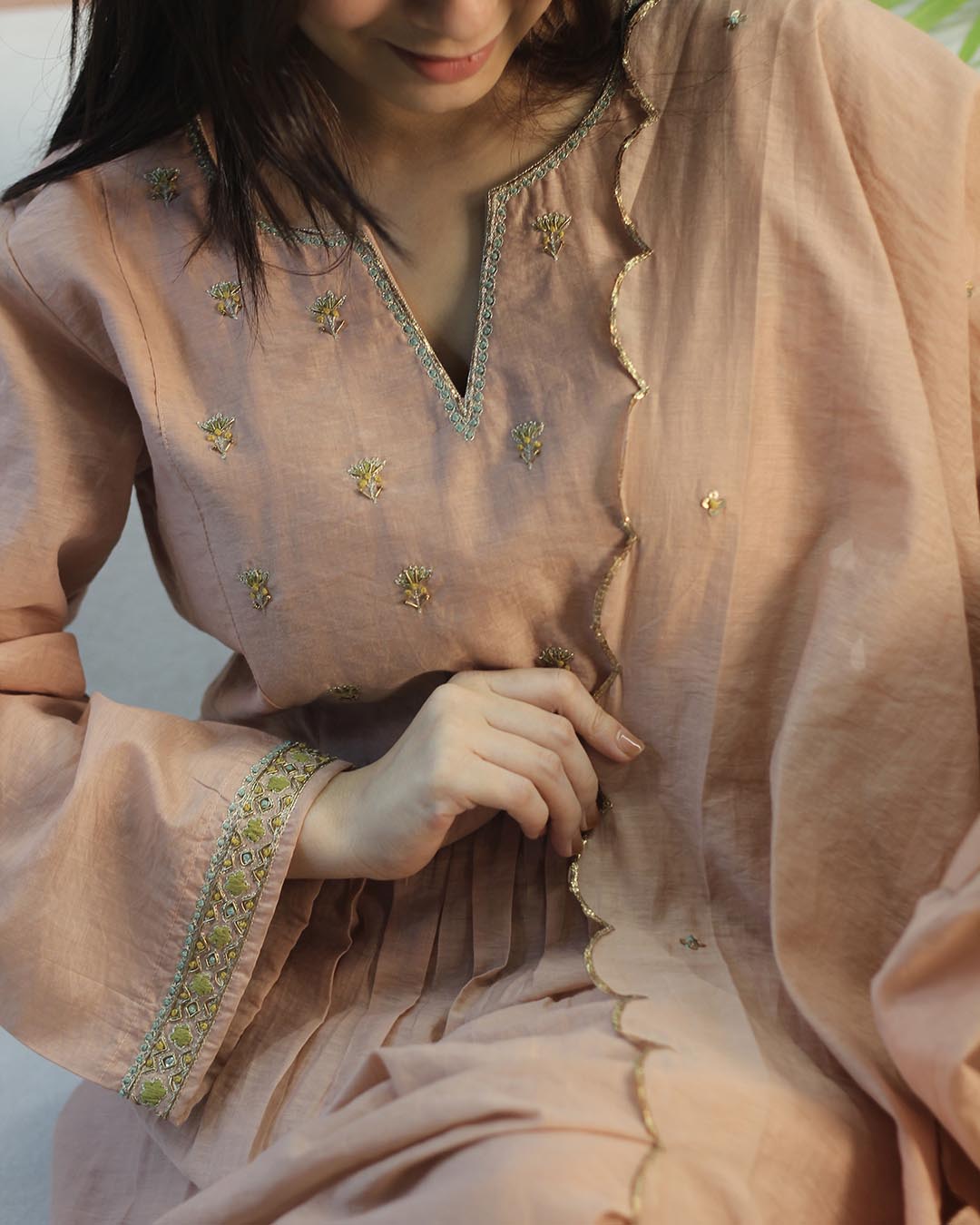 Peach Pink Mul Chanderi Suit set- Set of 3