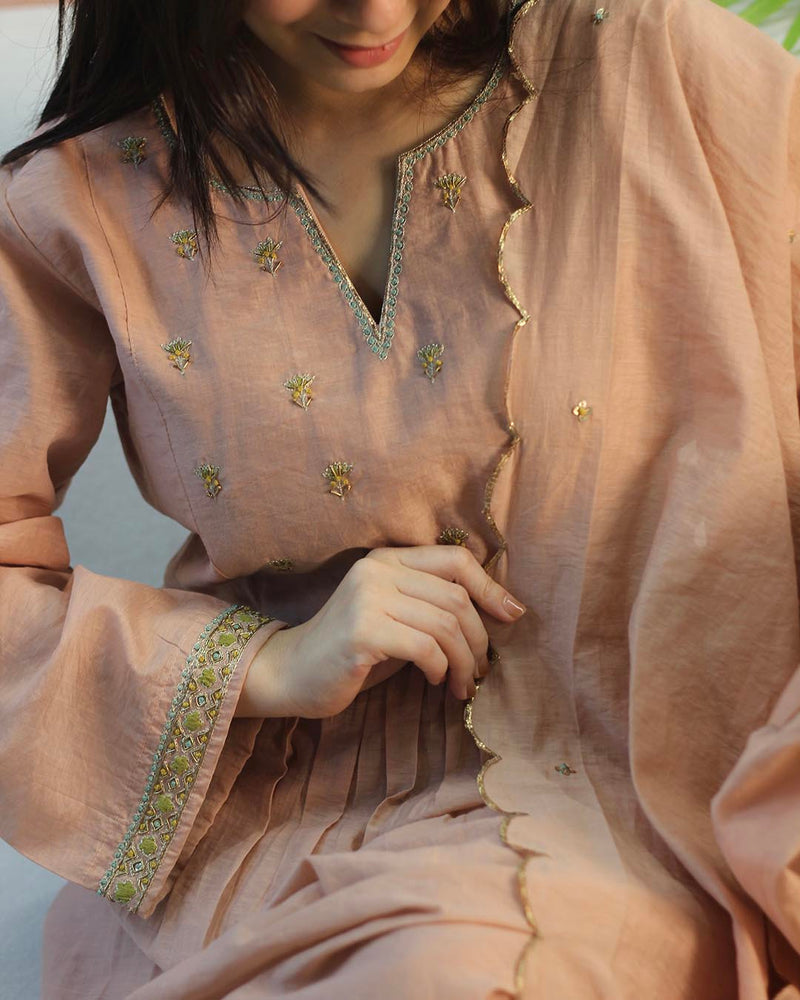 Peach Pink Mul Chanderi Suit set- Set of 3