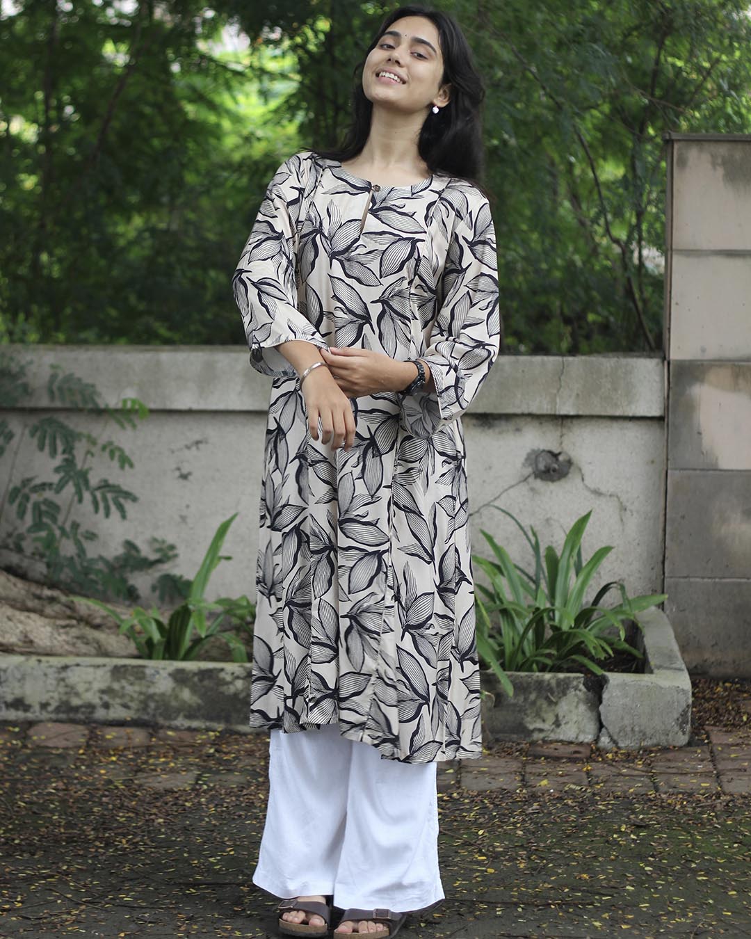 Black-White contrast floral Kurta in Pure Cotton