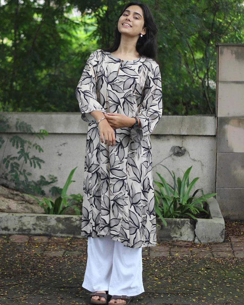 Black-White contrast floral Kurta in Pure Cotton