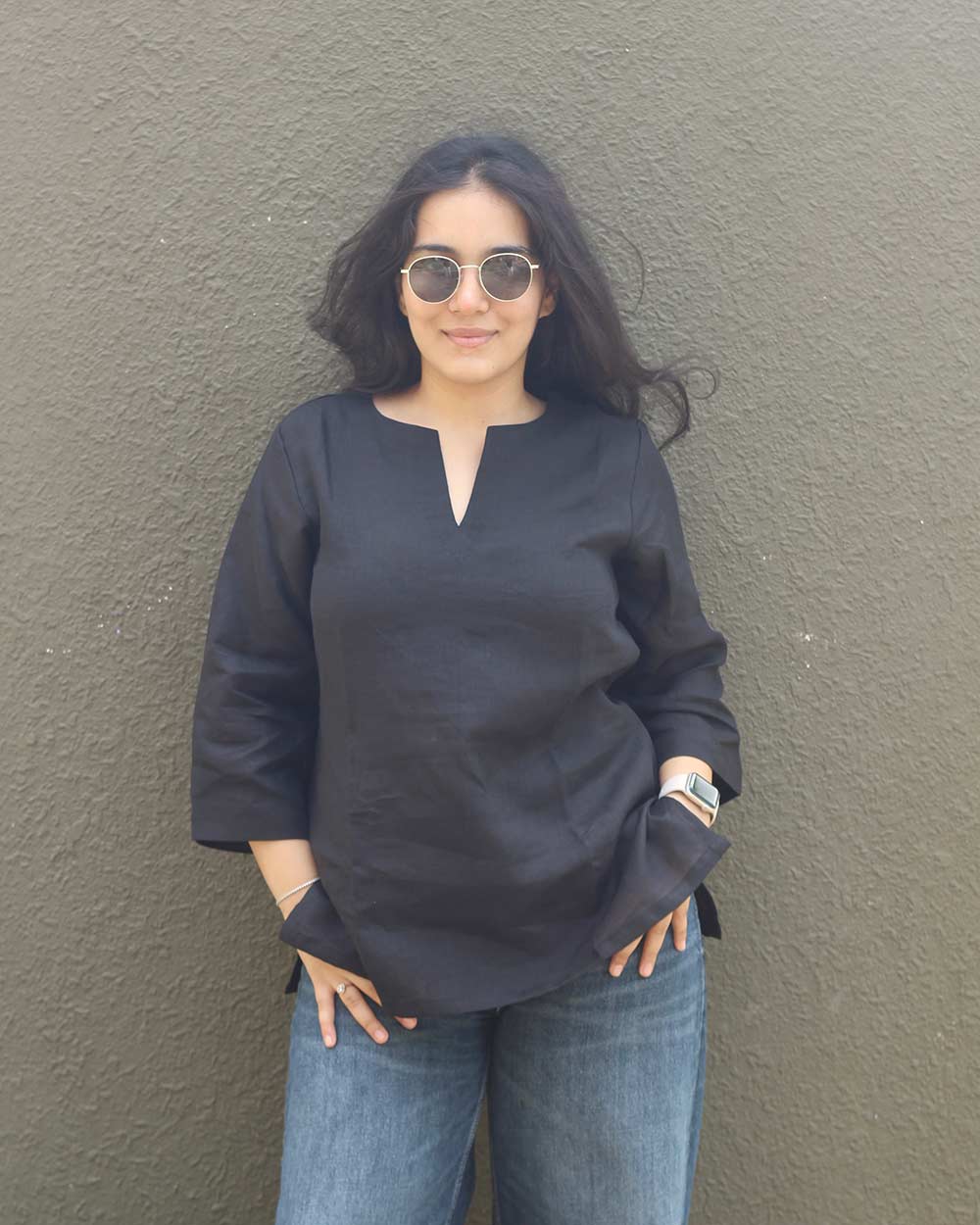Black Linen Short Kurta