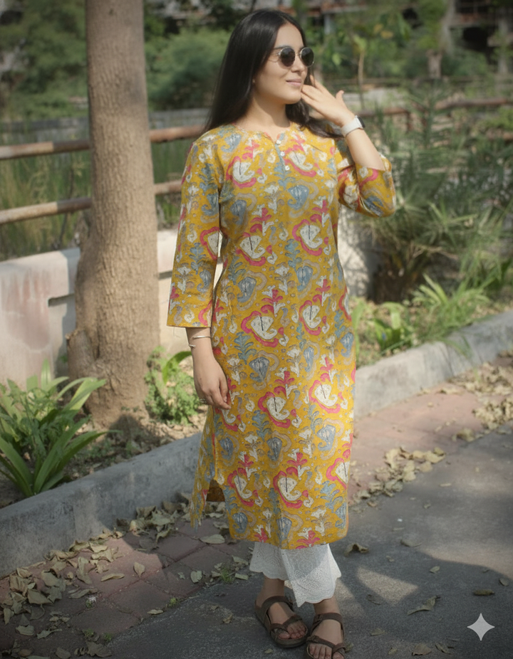 Printed Yellow Pure cotton kurta