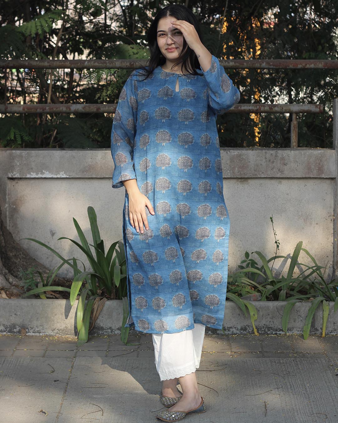 Mystic blue Printed Linen kurta with Lining