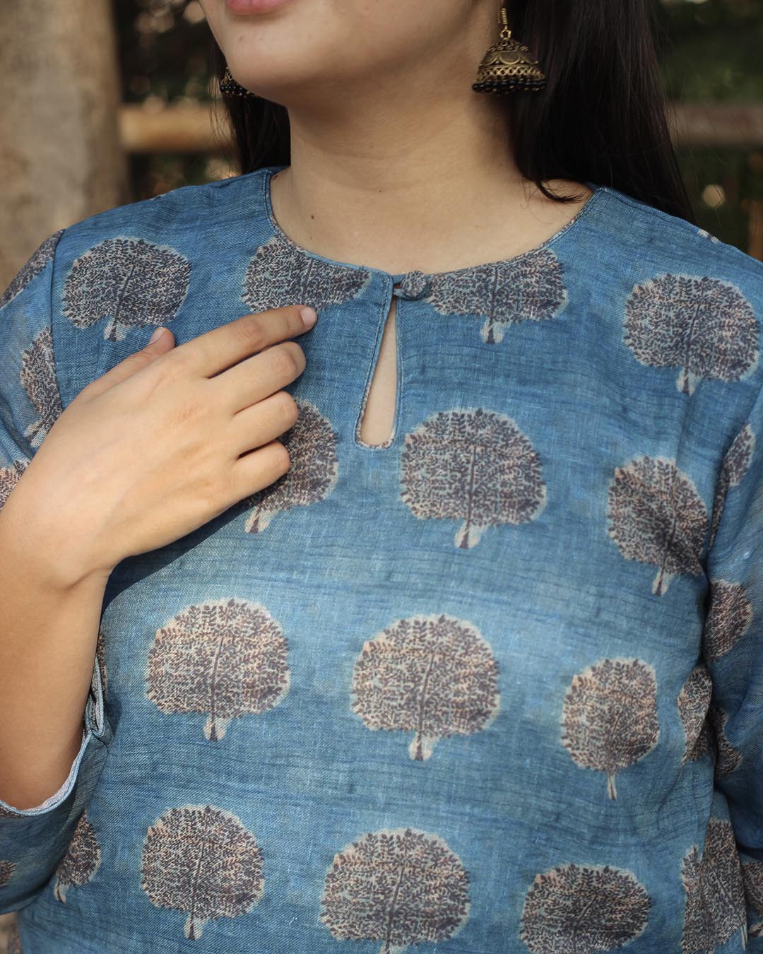 Mystic blue Printed Linen kurta with Lining