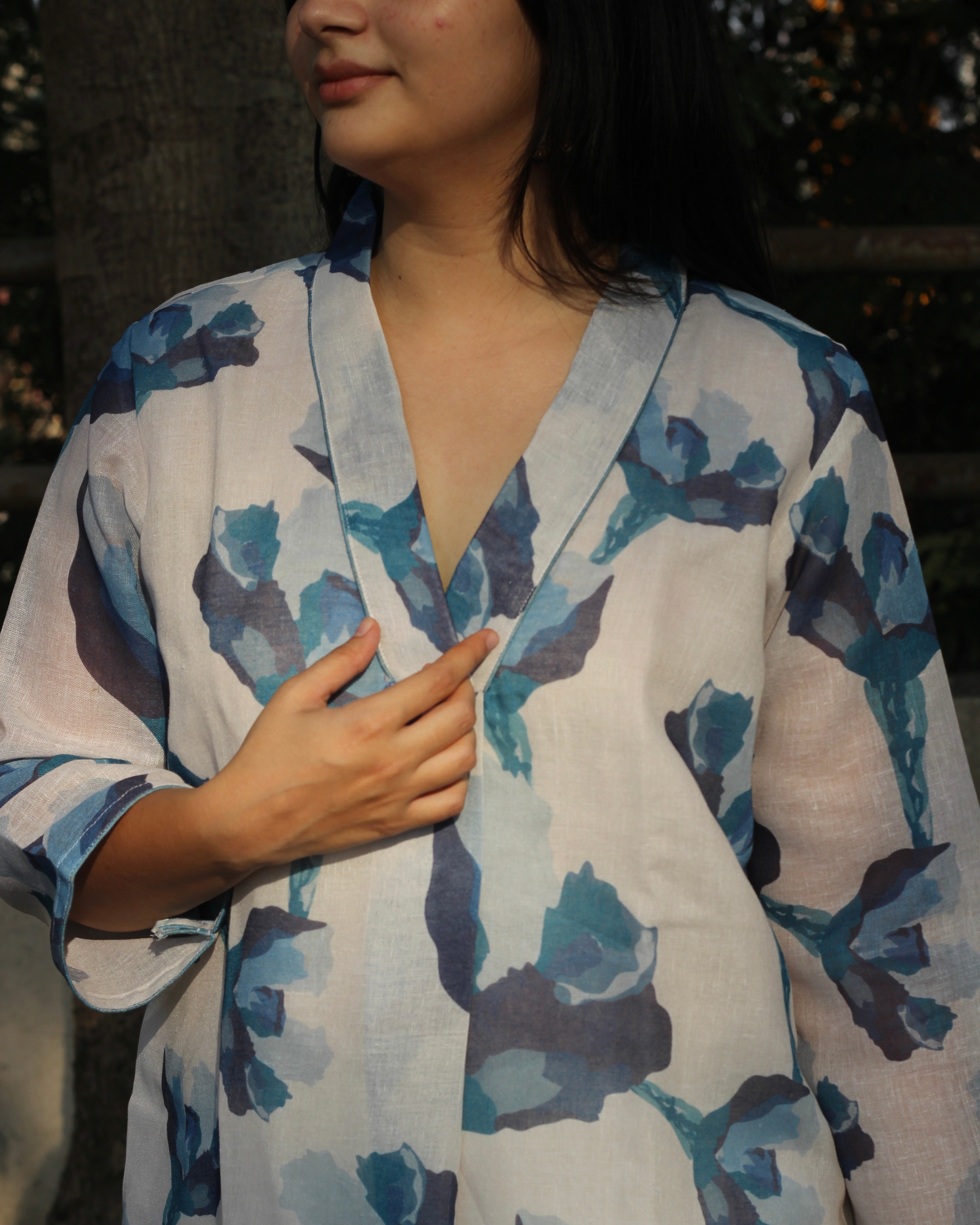 Fresh Floral White Linen kurta with lining