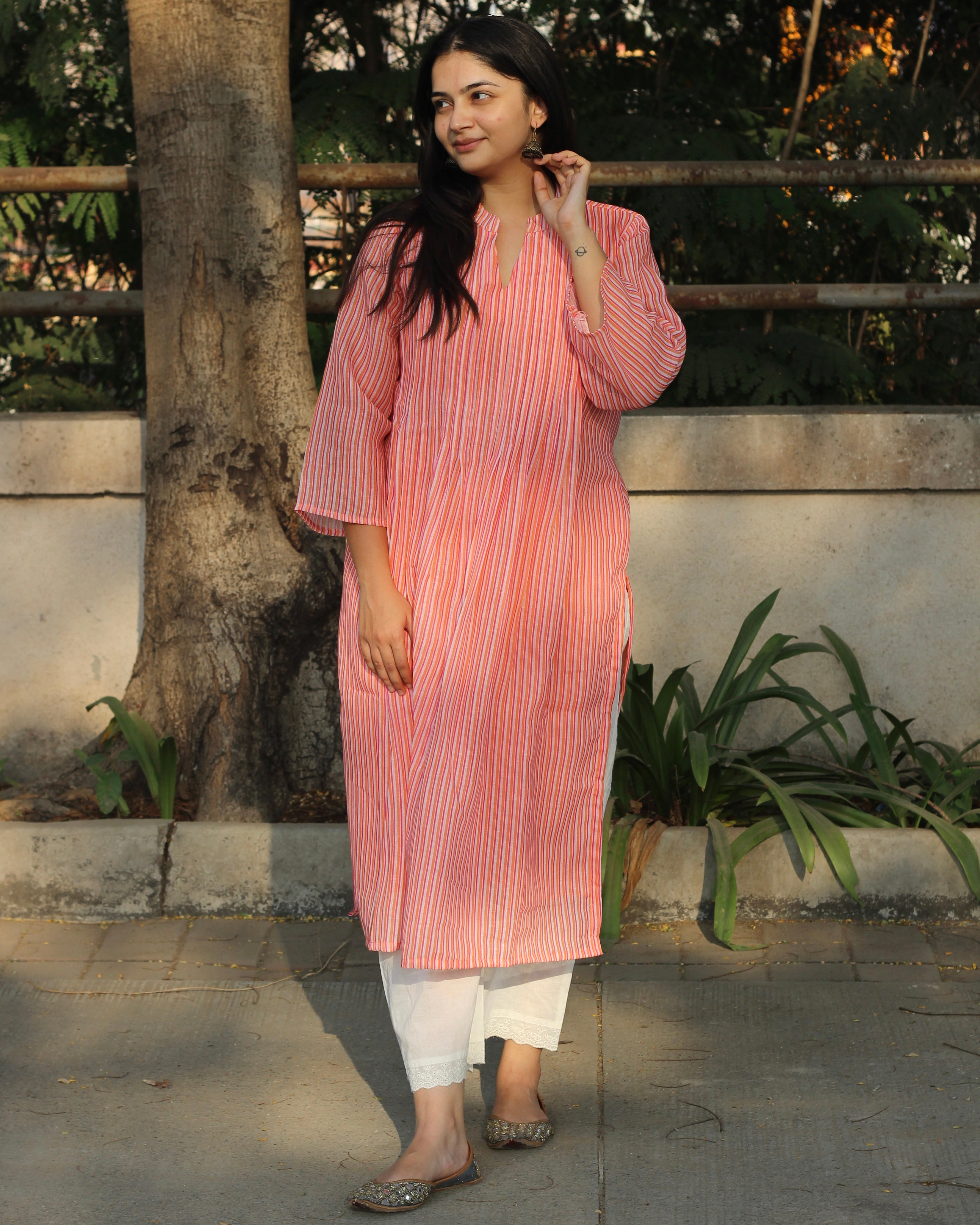 Jolly Stripe Pleated Linen Kurta with Lining