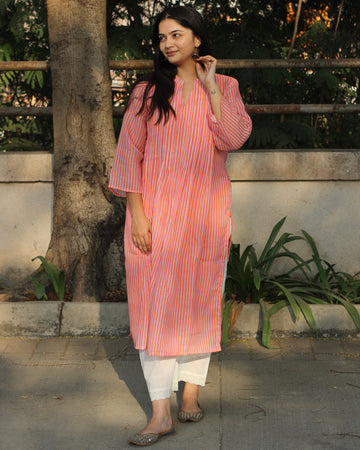 Jolly Stripe Pleated Linen Kurta with Lining