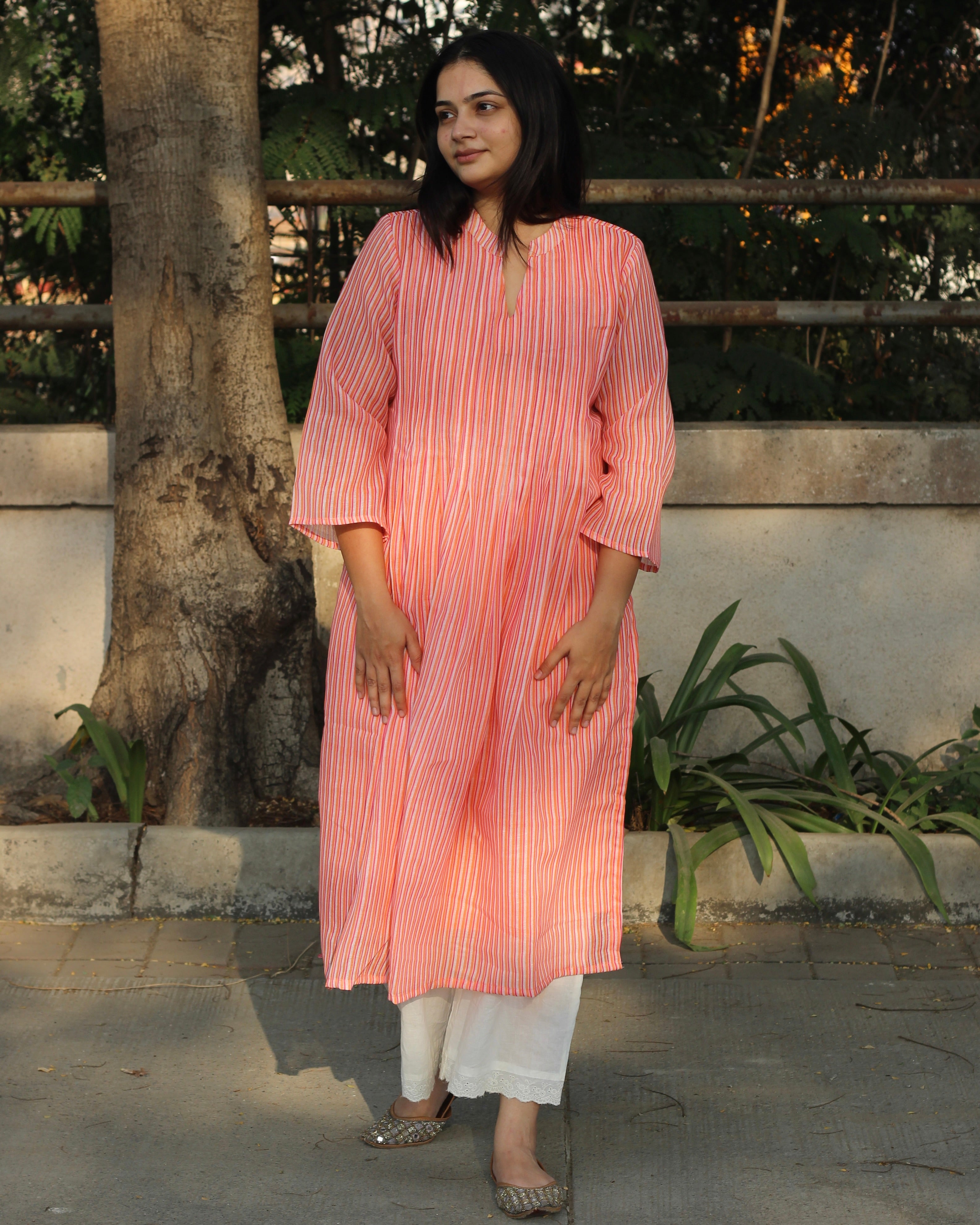 Jolly Stripe Pleated Linen Kurta with Lining