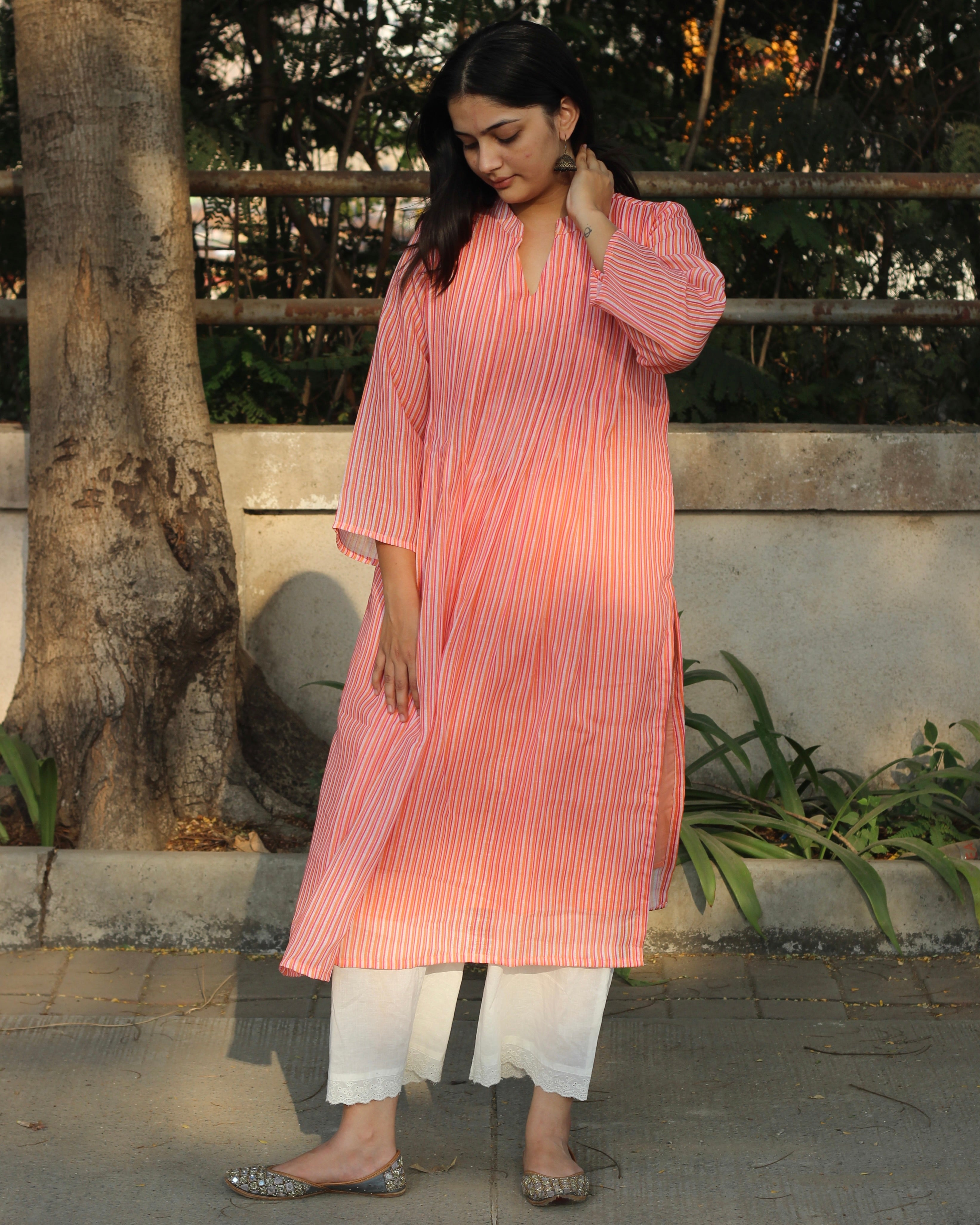Jolly Stripe Pleated Linen Kurta with Lining