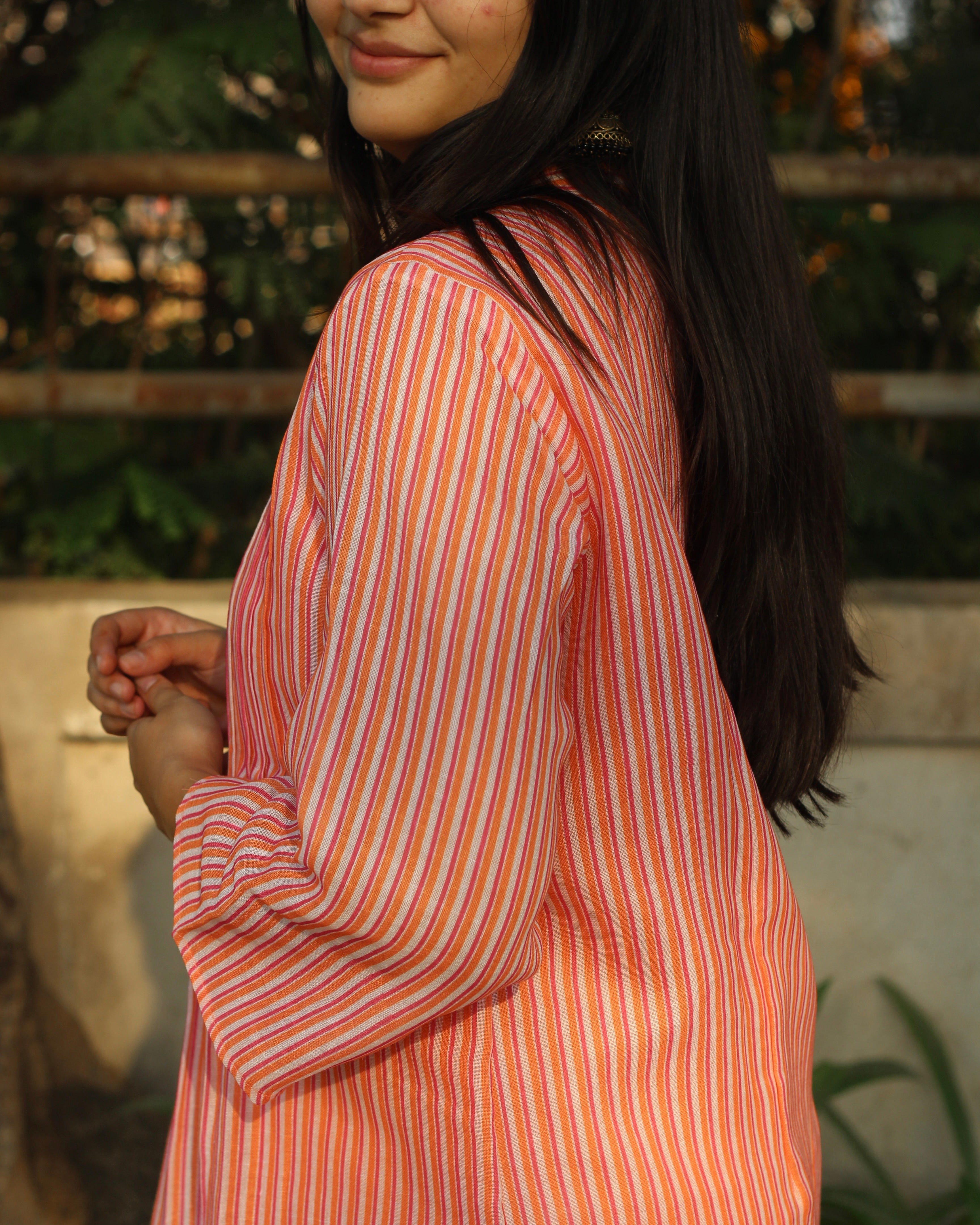 Jolly Stripe Pleated Linen Kurta with Lining