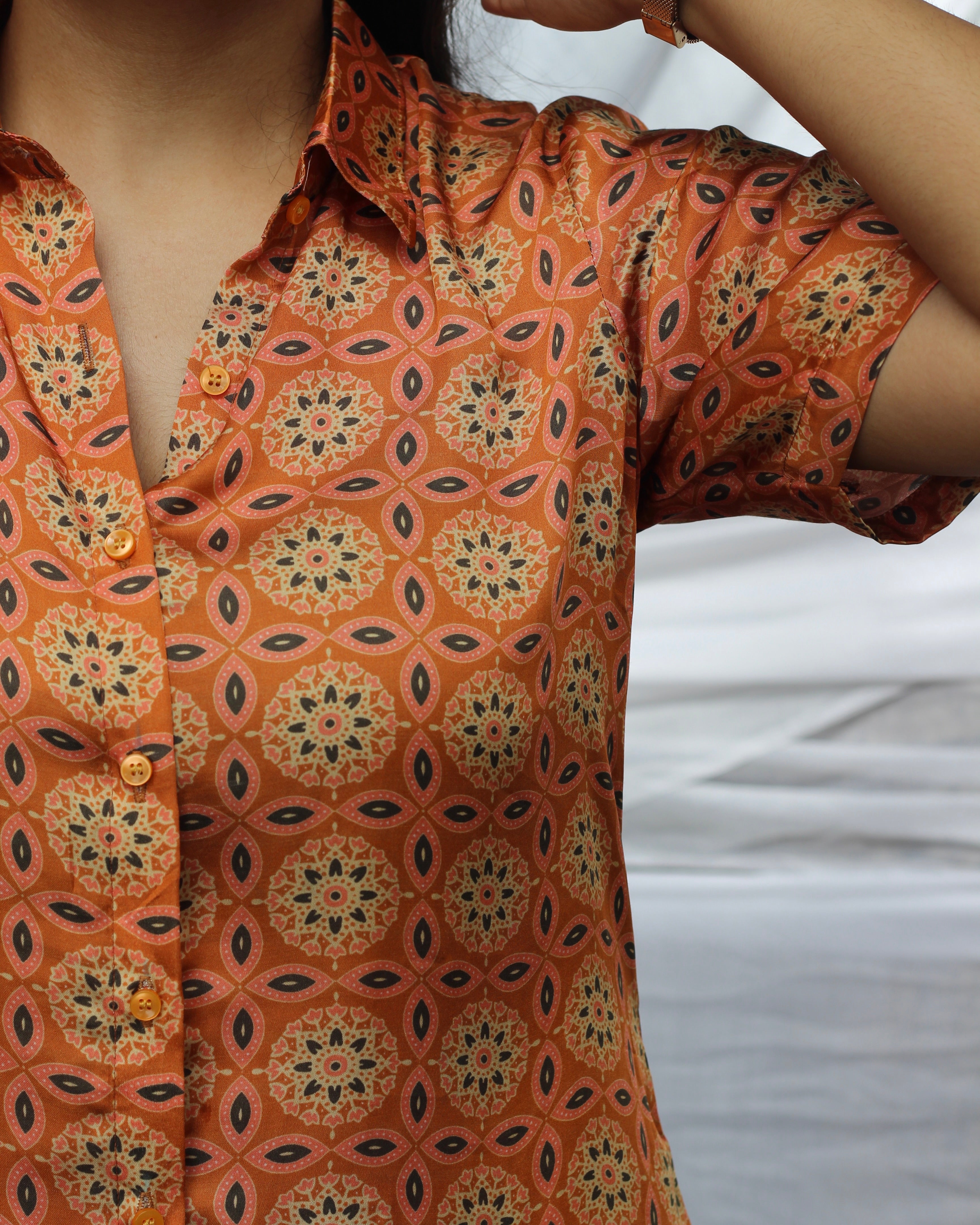 Copper modal satin co-ord set with classic Ajrakh print_3