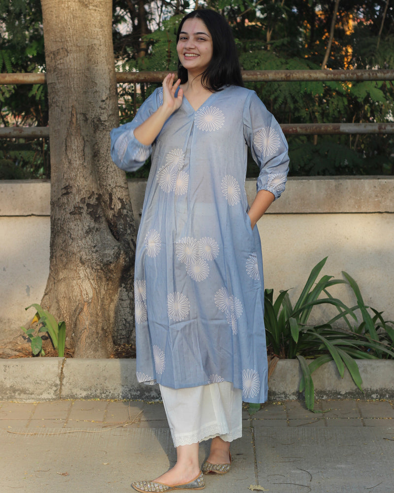 Greyish Blue Printed Cotton Long Kurta