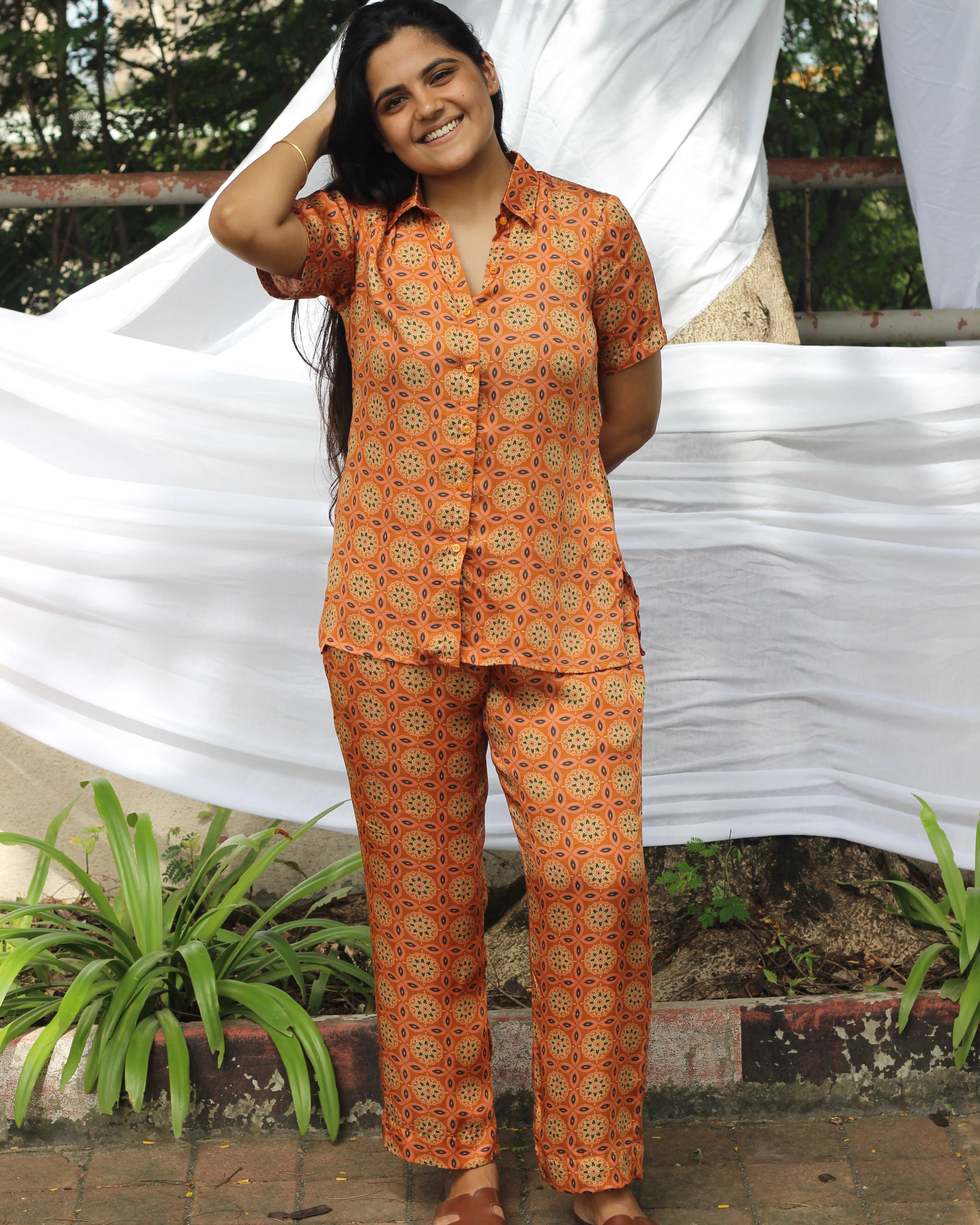 Copper modal satin co-ord set with classic Ajrakh print_1