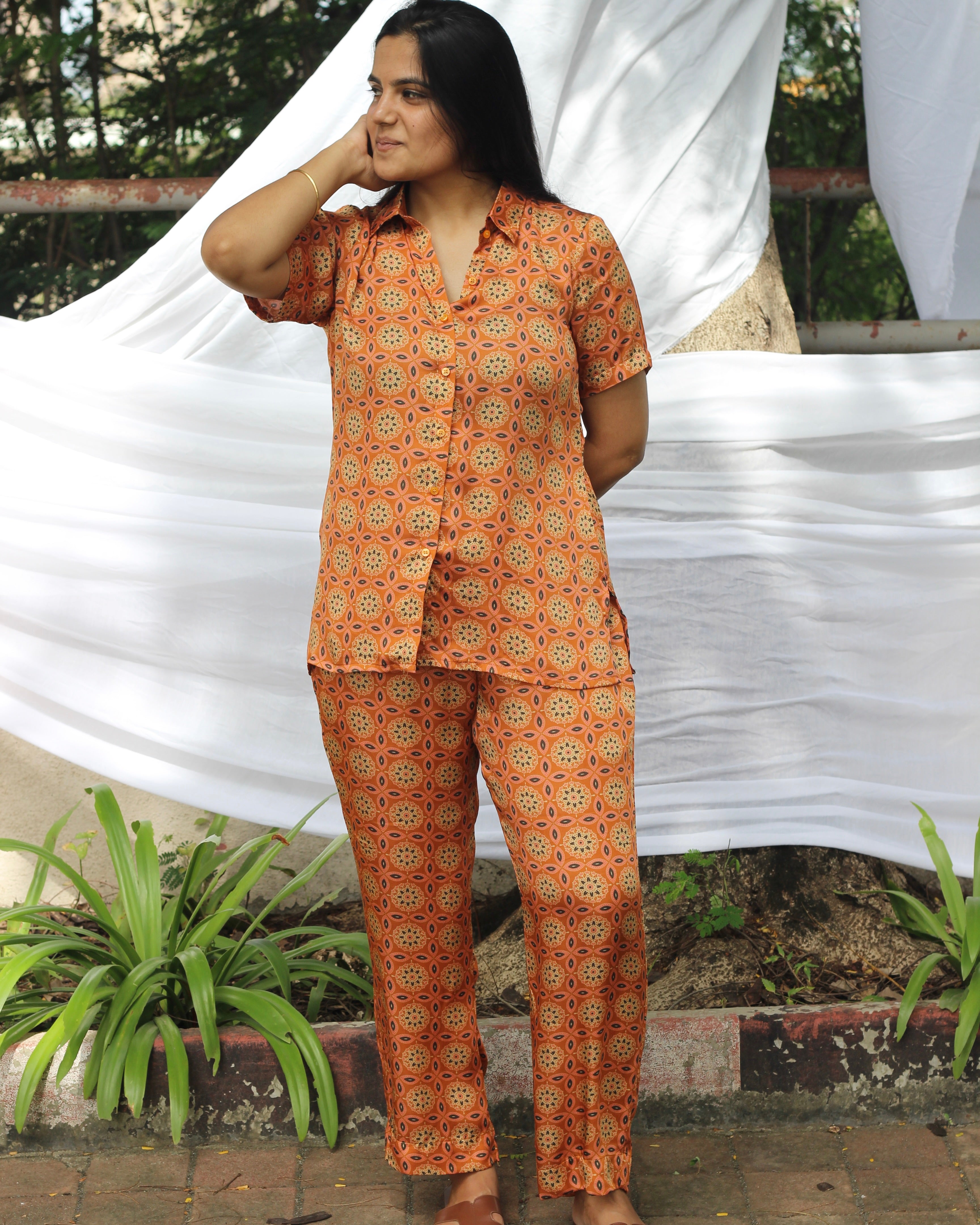 Copper modal satin co-ord set with classic Ajrakh print_5