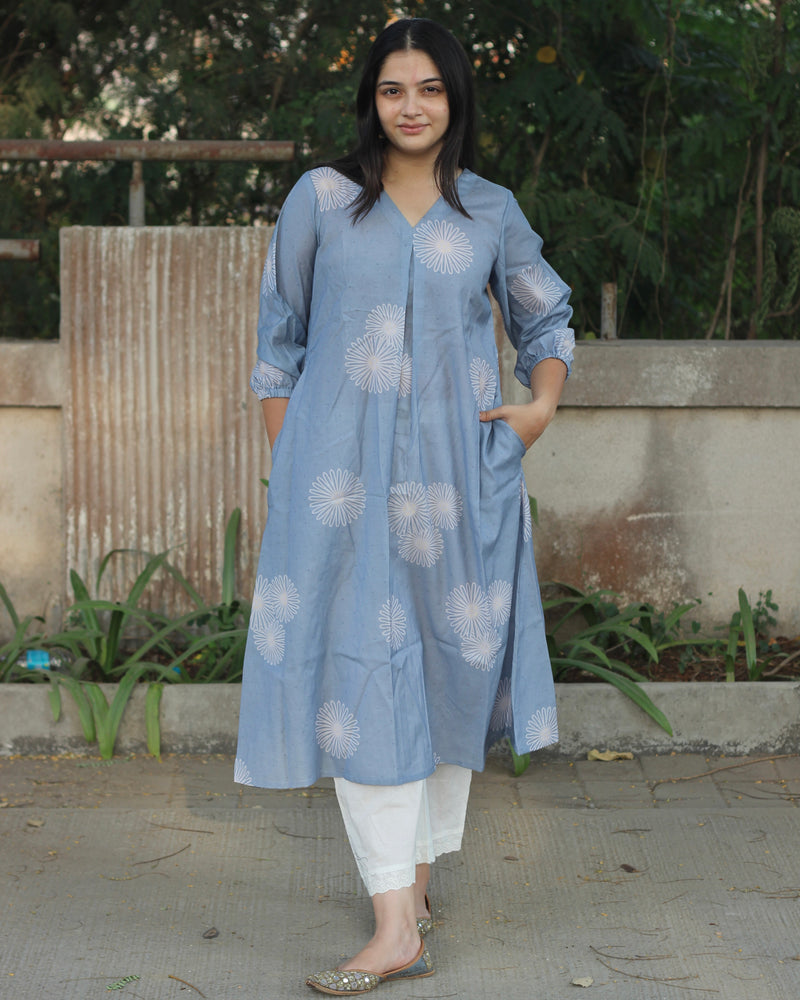 Greyish Blue Printed Cotton Long Kurta