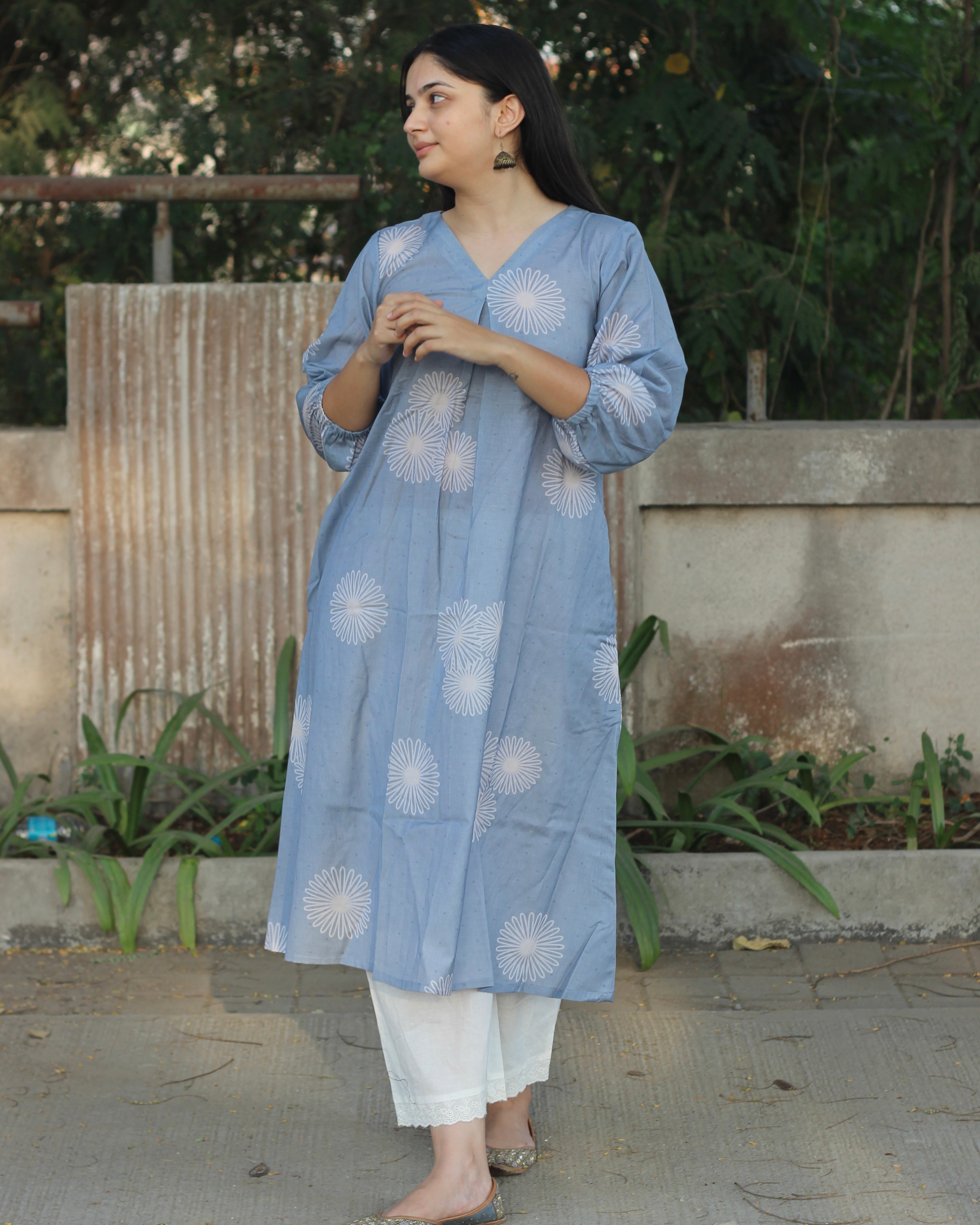 Greyish Blue Printed Cotton Long Kurta