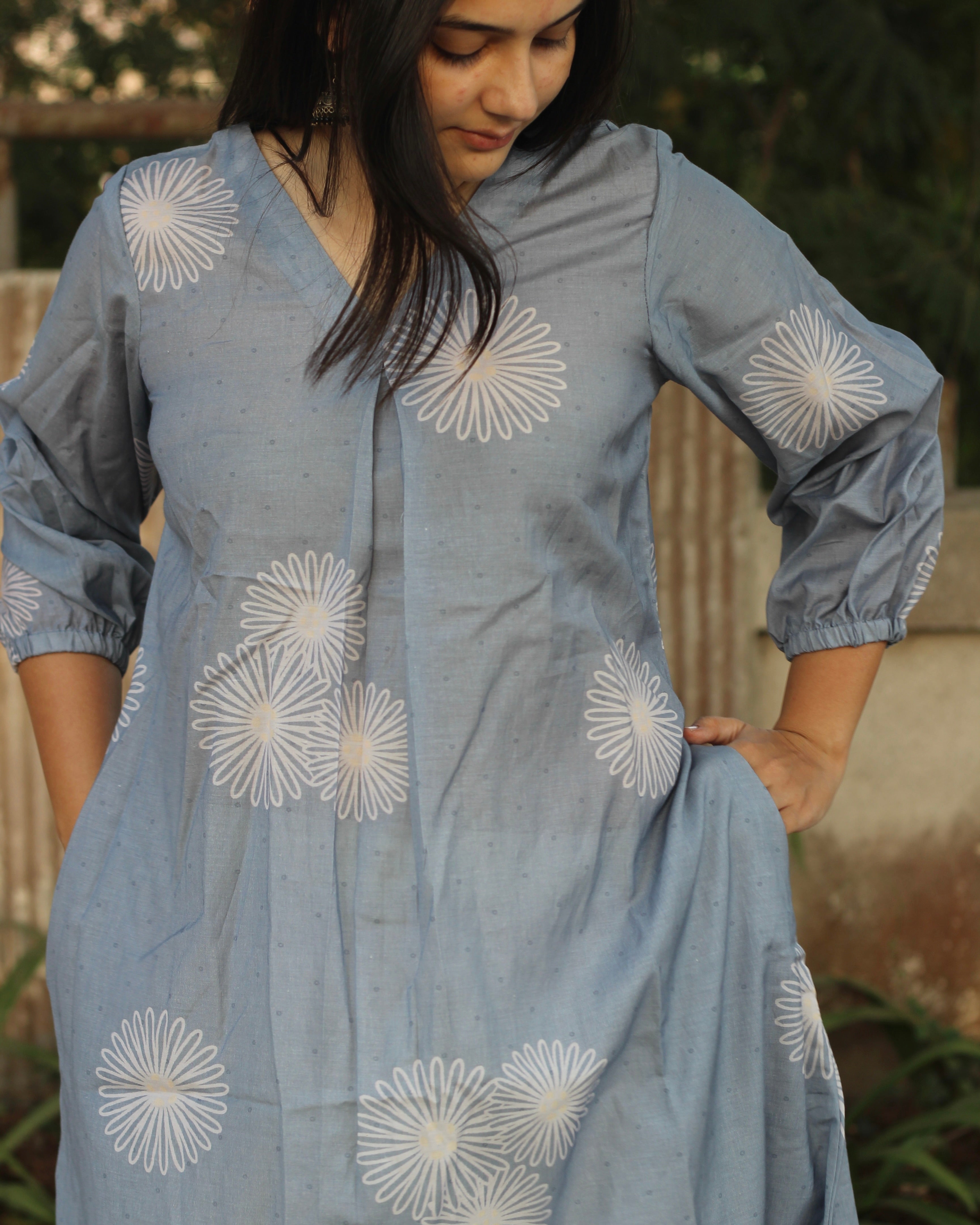 Greyish Blue Printed Cotton Long Kurta