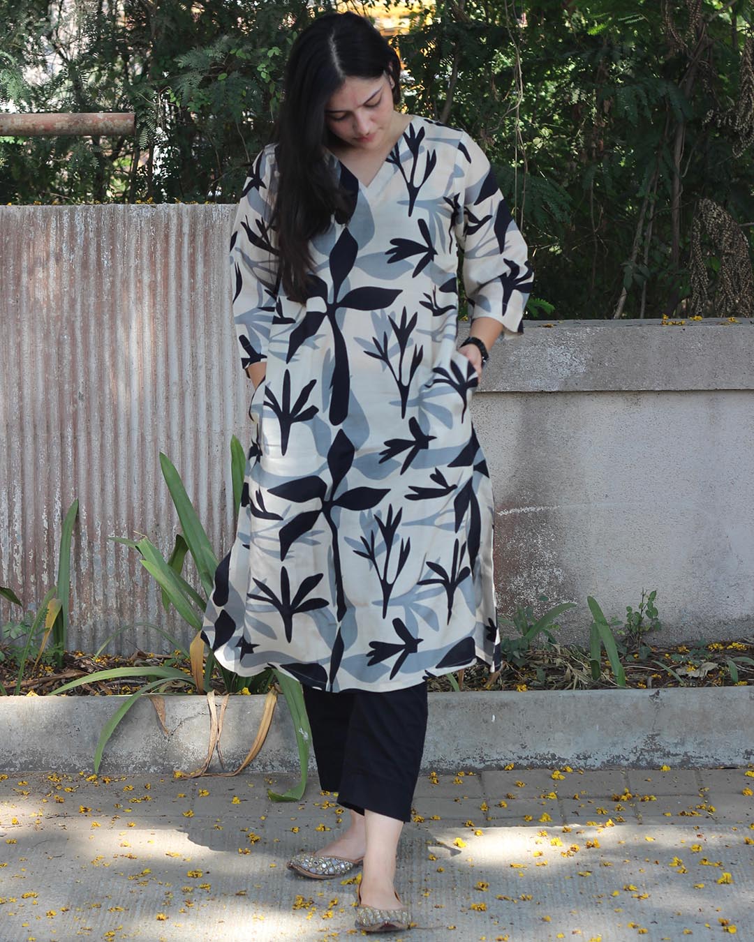 Midnight blossom Cotton Silk Kurta with Cotton Lining