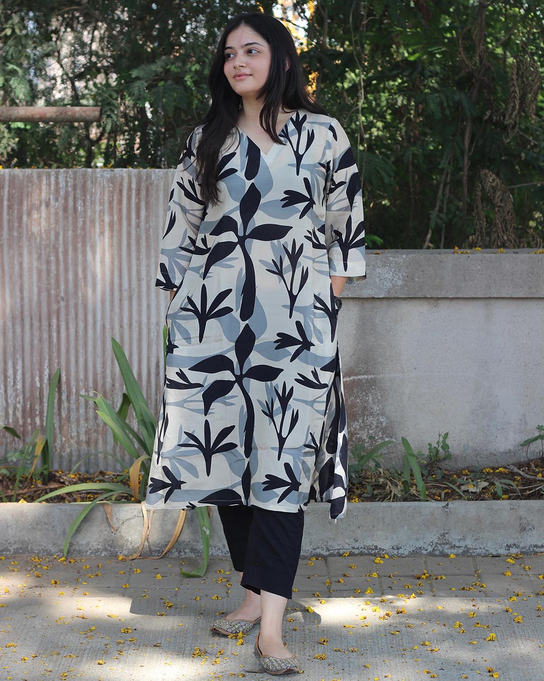 Midnight blossom Cotton Silk Kurta with Cotton Lining