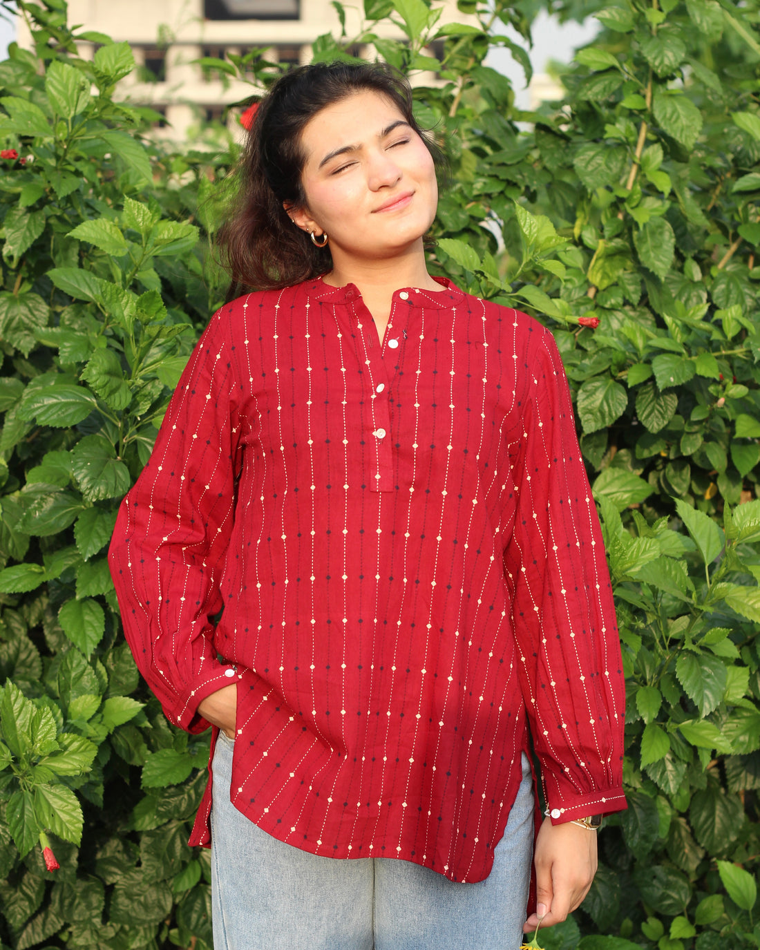 Maroon ajrakh print cotton short kurta - indiefabstore_2