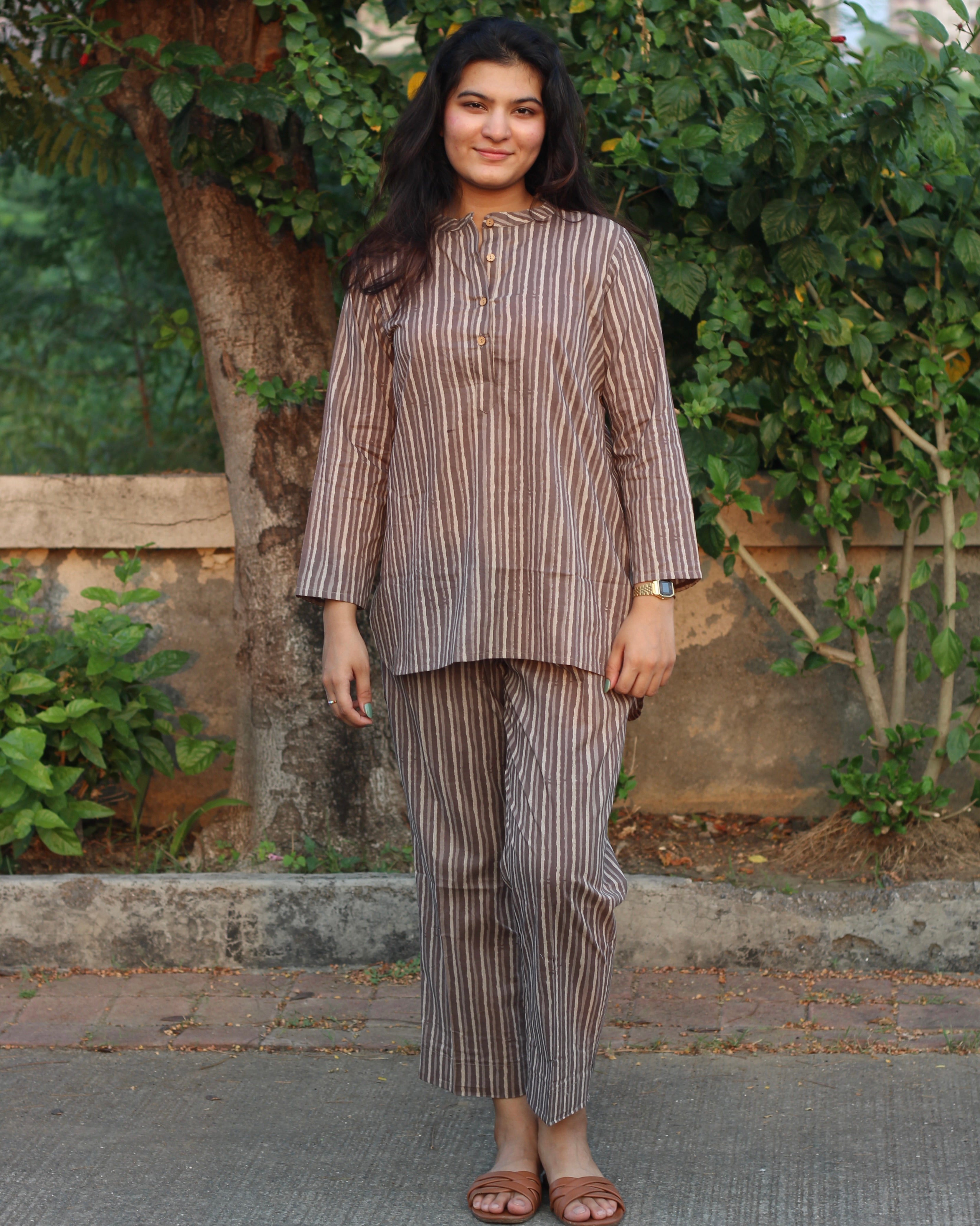Brown shade stripes co-ord in pure cotton fabric