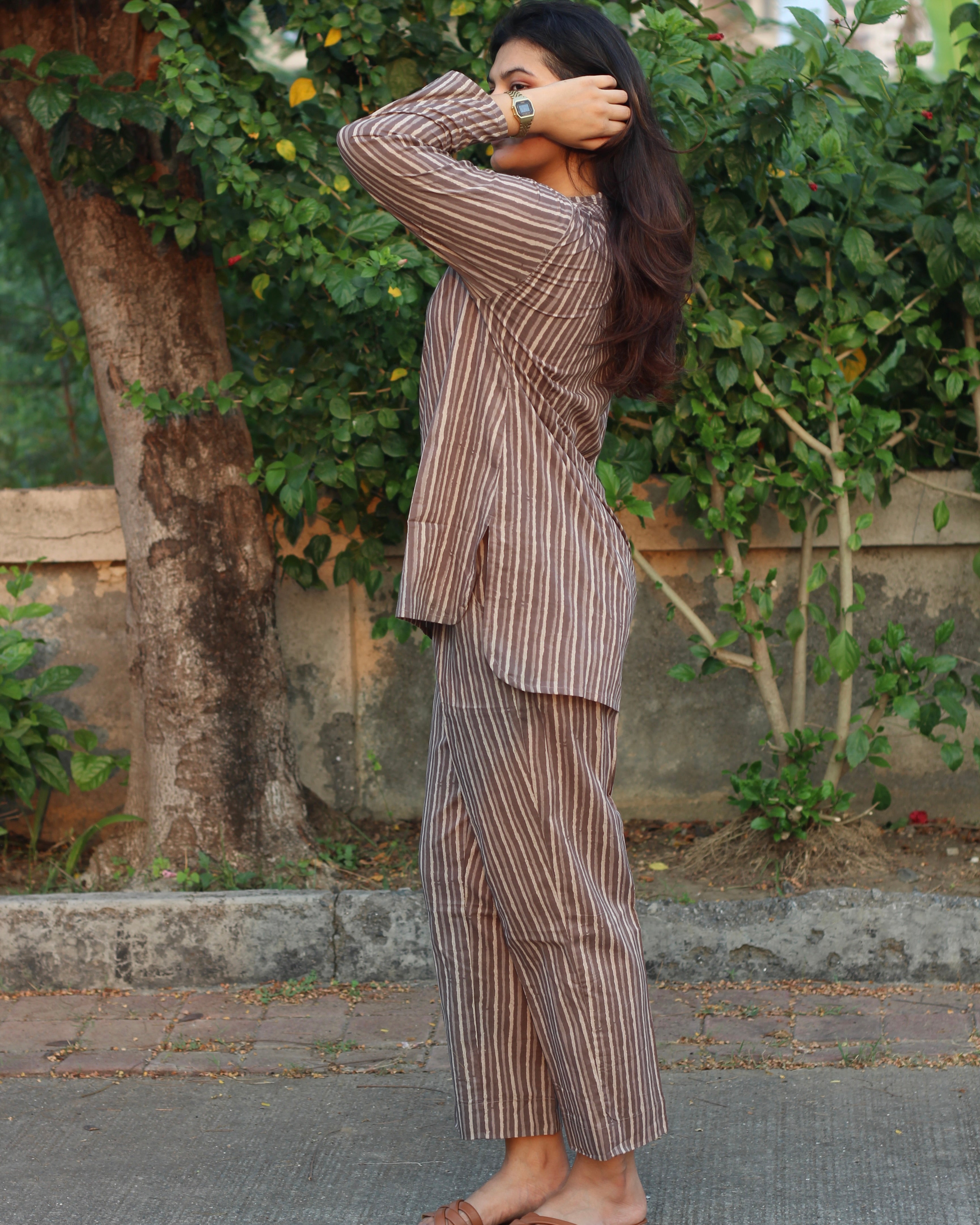 Side cut pure cotton top in brown stripes 