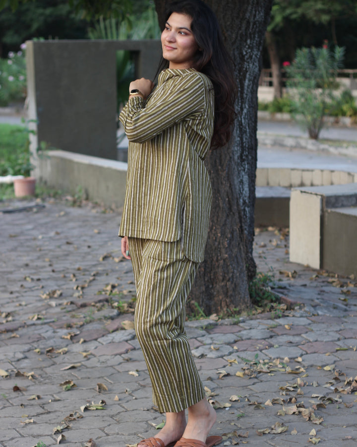Stripe co-ord in Olive green shade