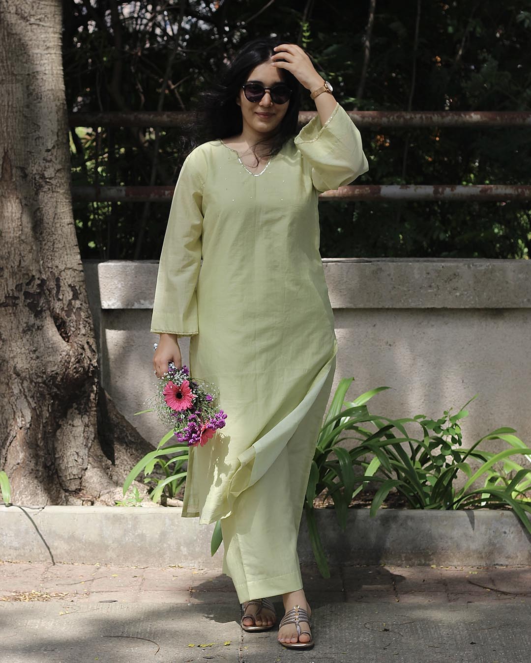 Mul Chanderi Pastel Lime Kurta Set - Set of 2