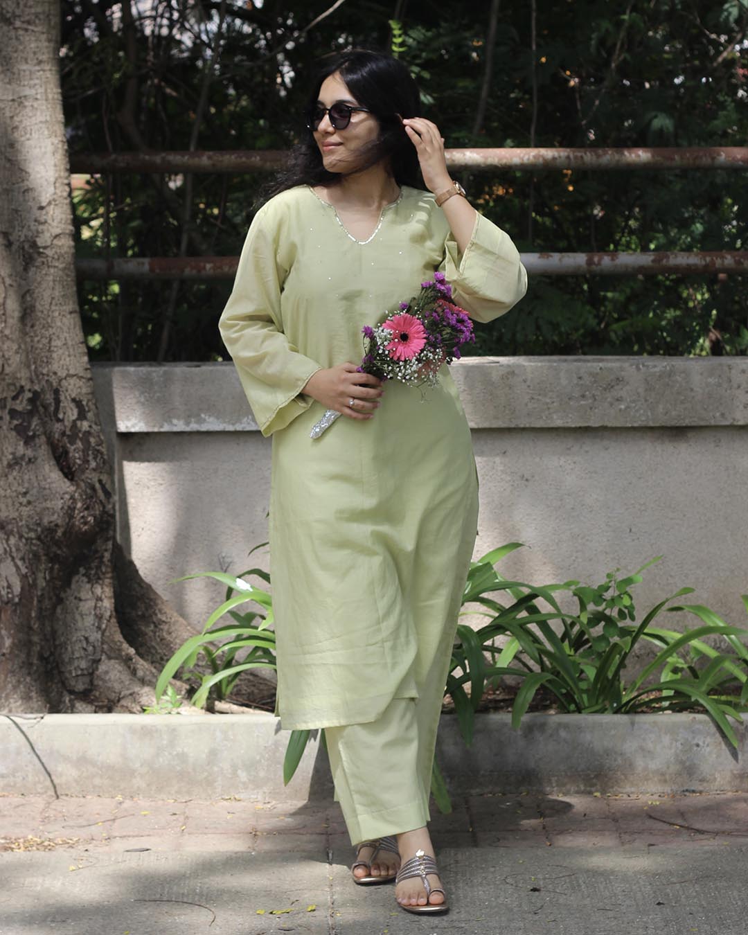 Mul Chanderi Pastel Lime Kurta Set - Set of 2