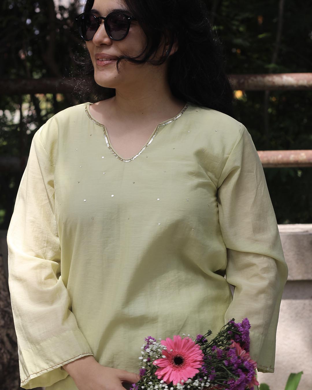 Mul Chanderi Pastel Lime Kurta Set - Set of 2