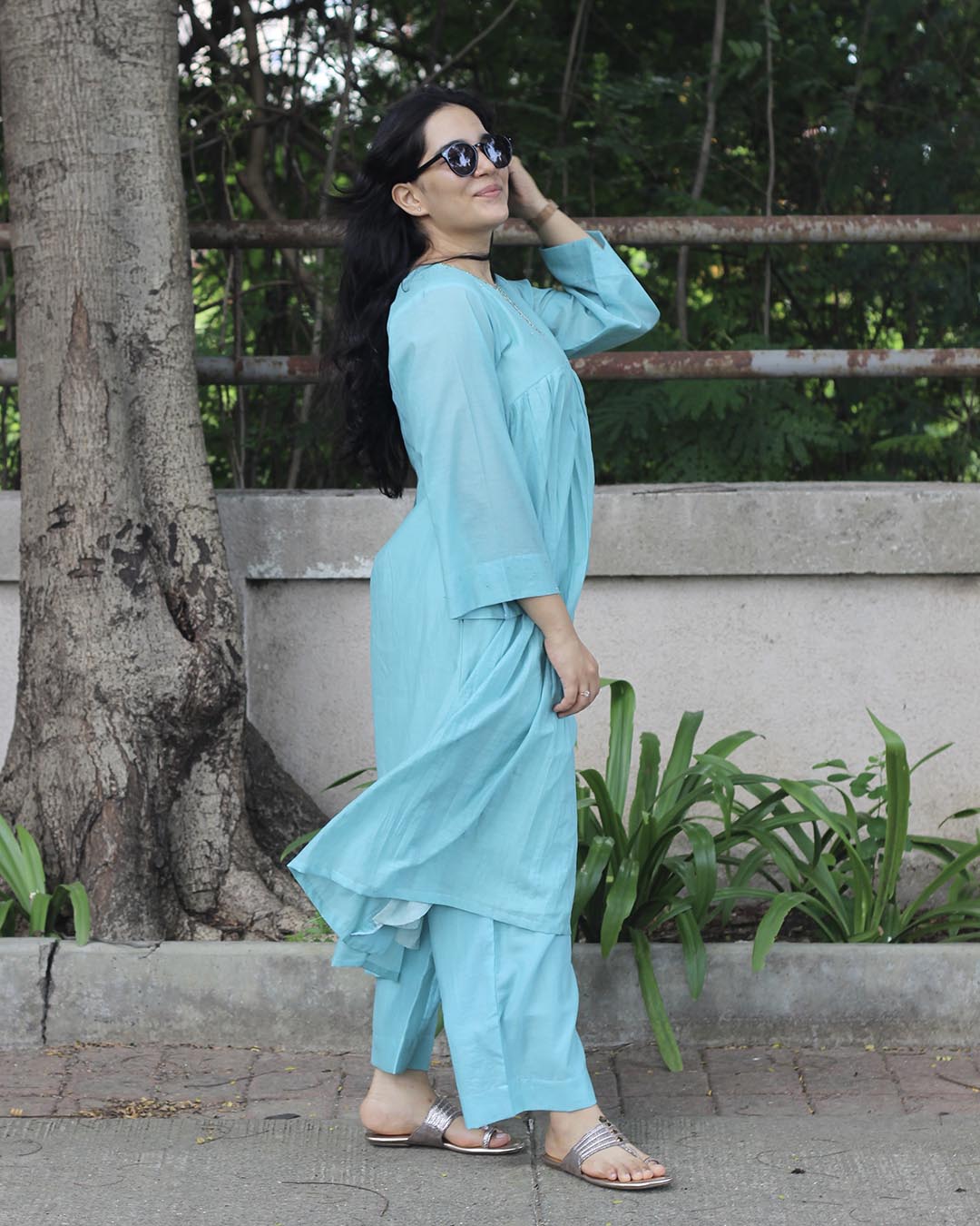 Mul Chanderi Turquoise Blue Kurta Set- Set of 2