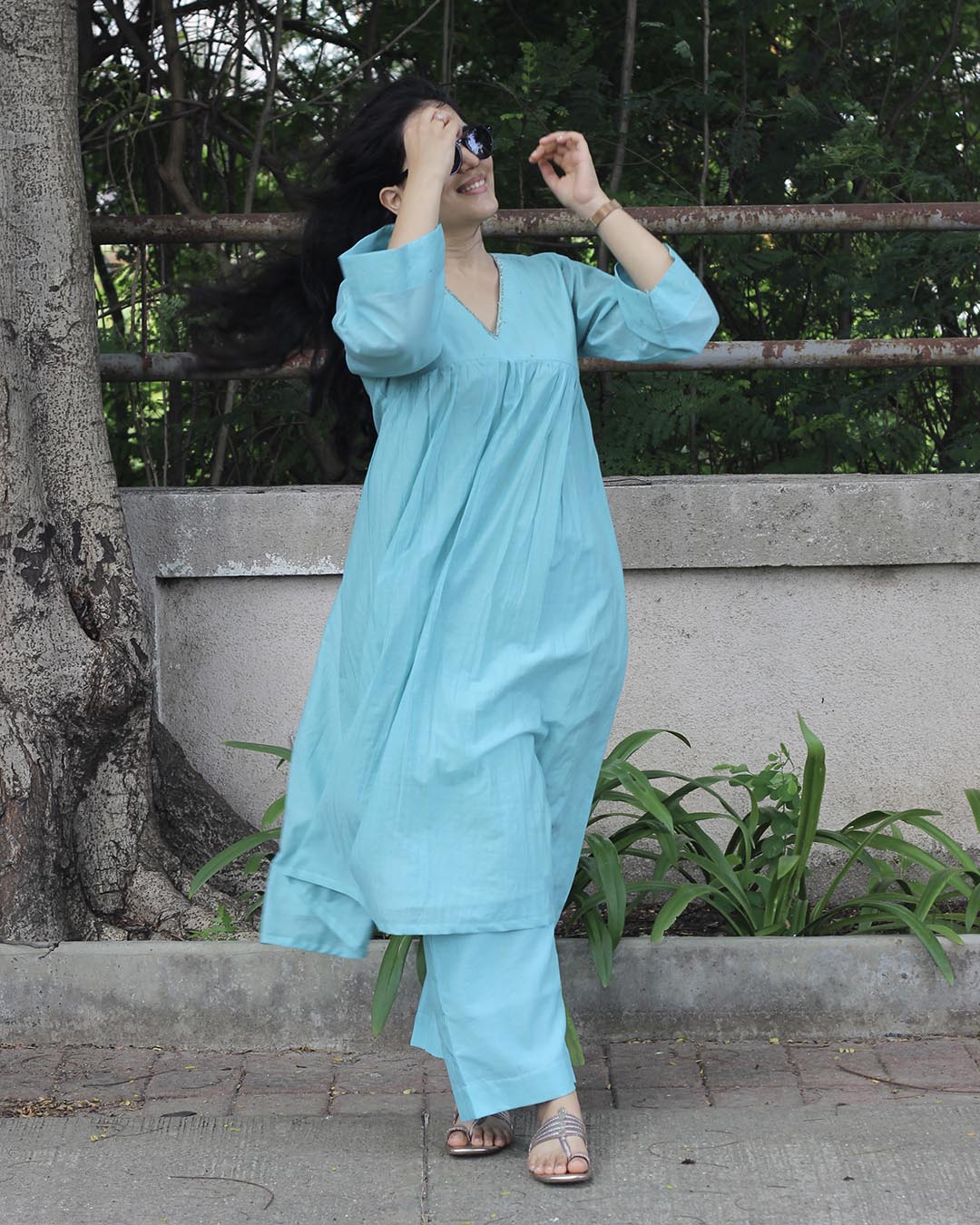 Mul Chanderi Turquoise Blue Kurta Set- Set of 2