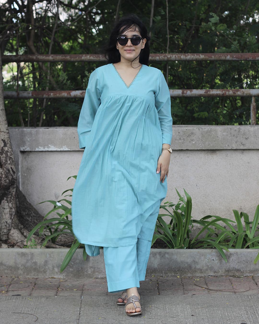 Mul Chanderi Turquoise Blue Kurta Set- Set of 2