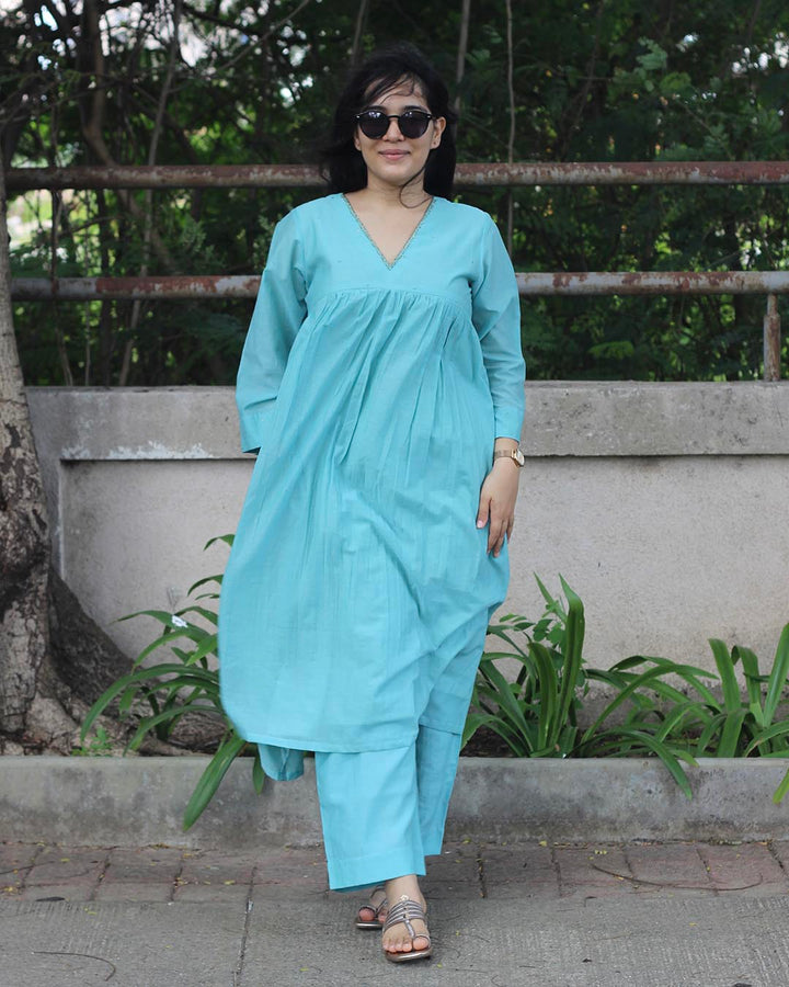 Mul Chanderi Turquoise Blue Kurta Set- Set of 2
