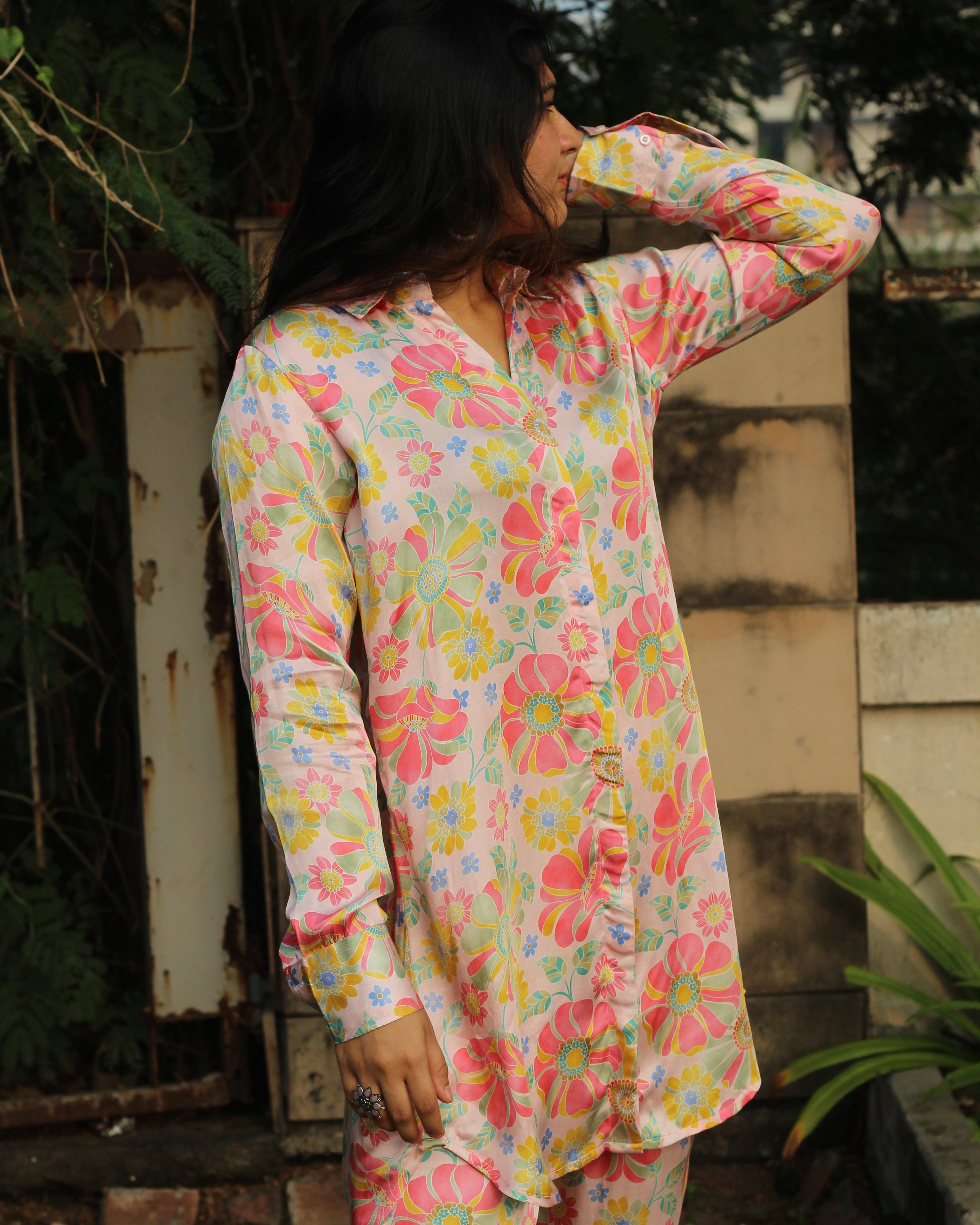 Bamberg Muslin floral co-ord set featuring a long shirt with collar and comfortable pants in soft fabric with a subtle shine