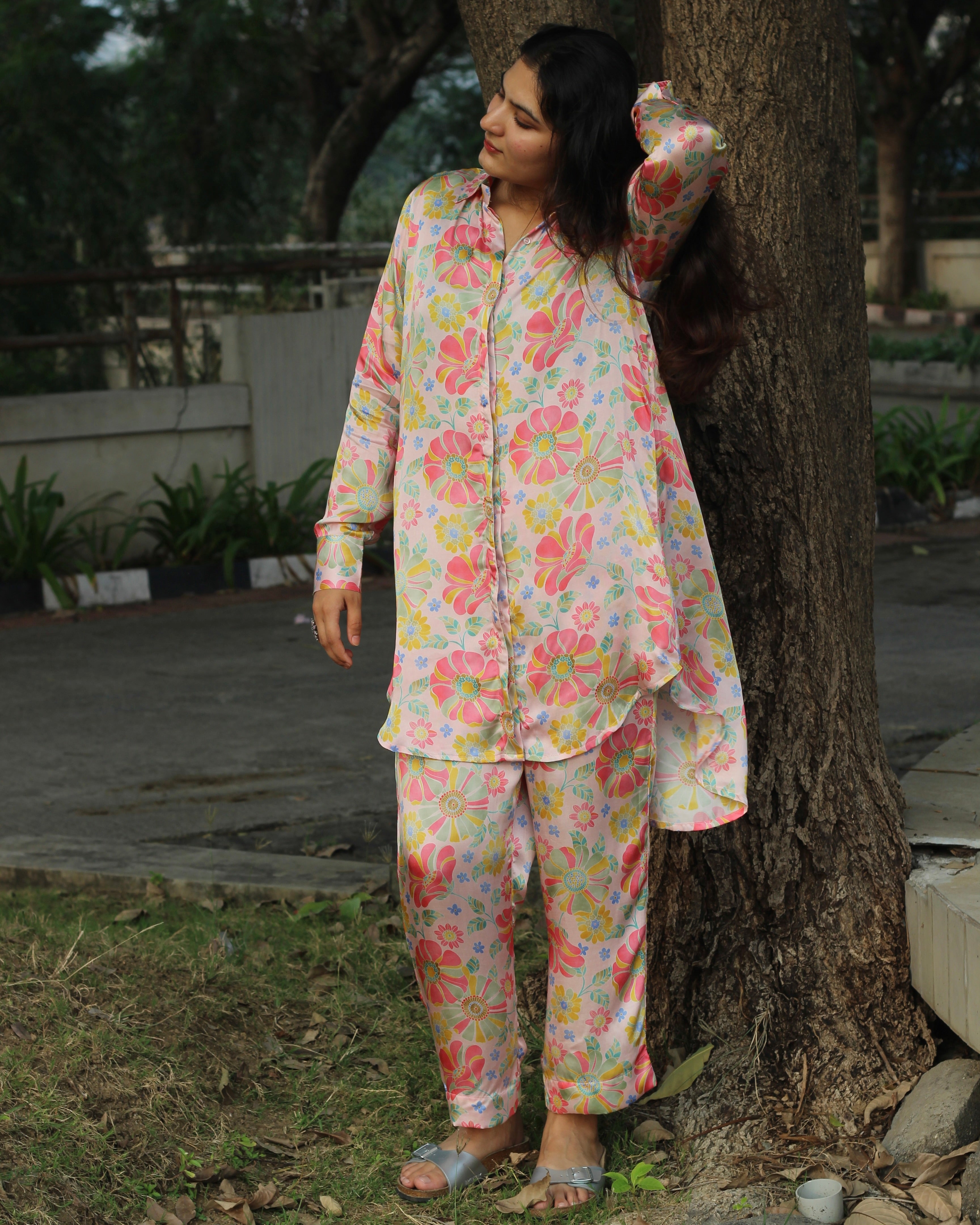 Bamberg Muslin floral co-ord set featuring a long shirt with collar and comfortable pants in soft fabric with a subtle shine