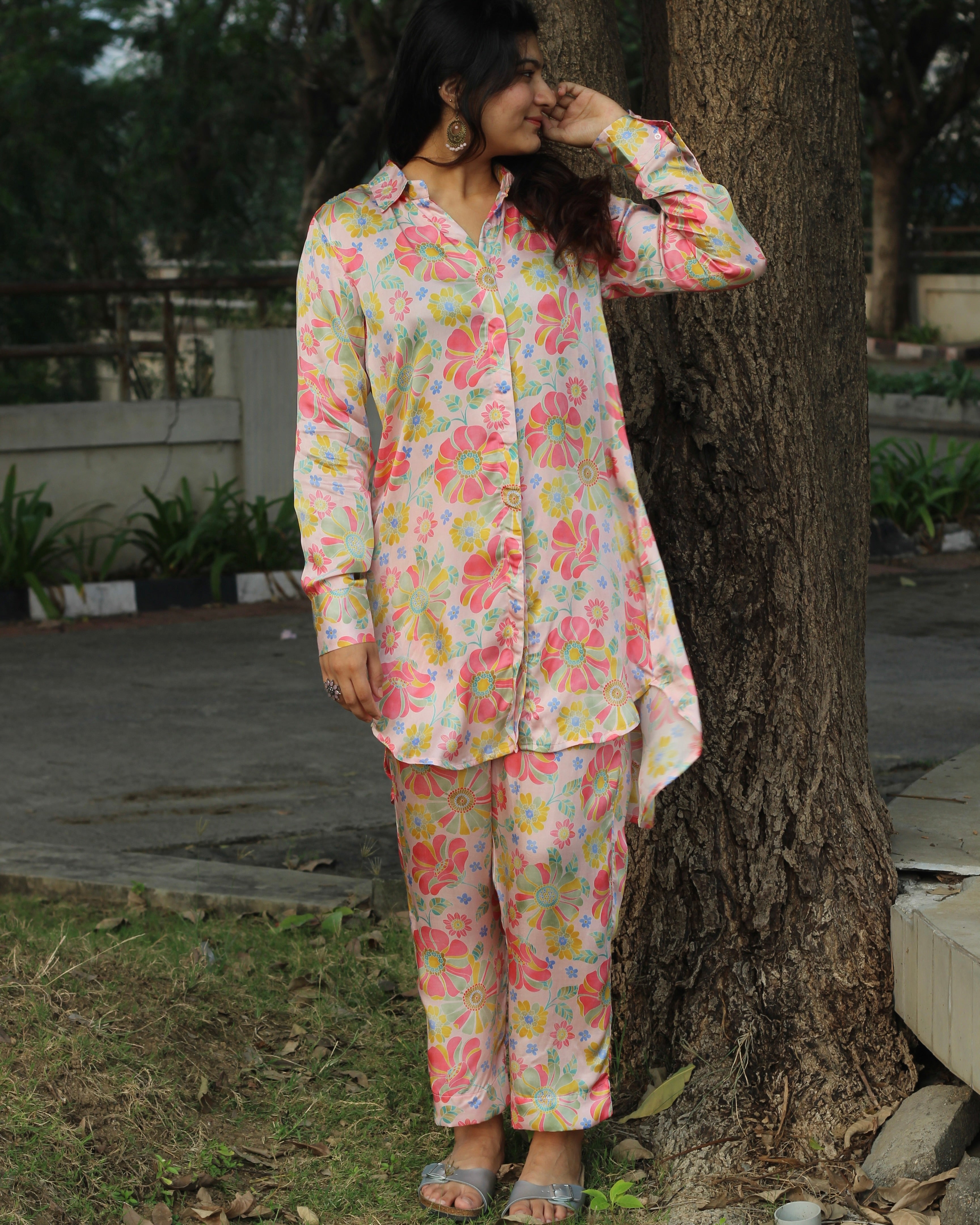 Bamberg Muslin floral co-ord set featuring a long shirt with collar and comfortable pants in soft fabric with a subtle shine