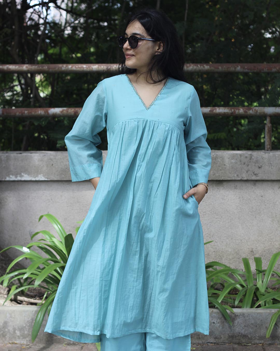 Mul Chanderi Turquoise Blue Kurta Set- Set of 2