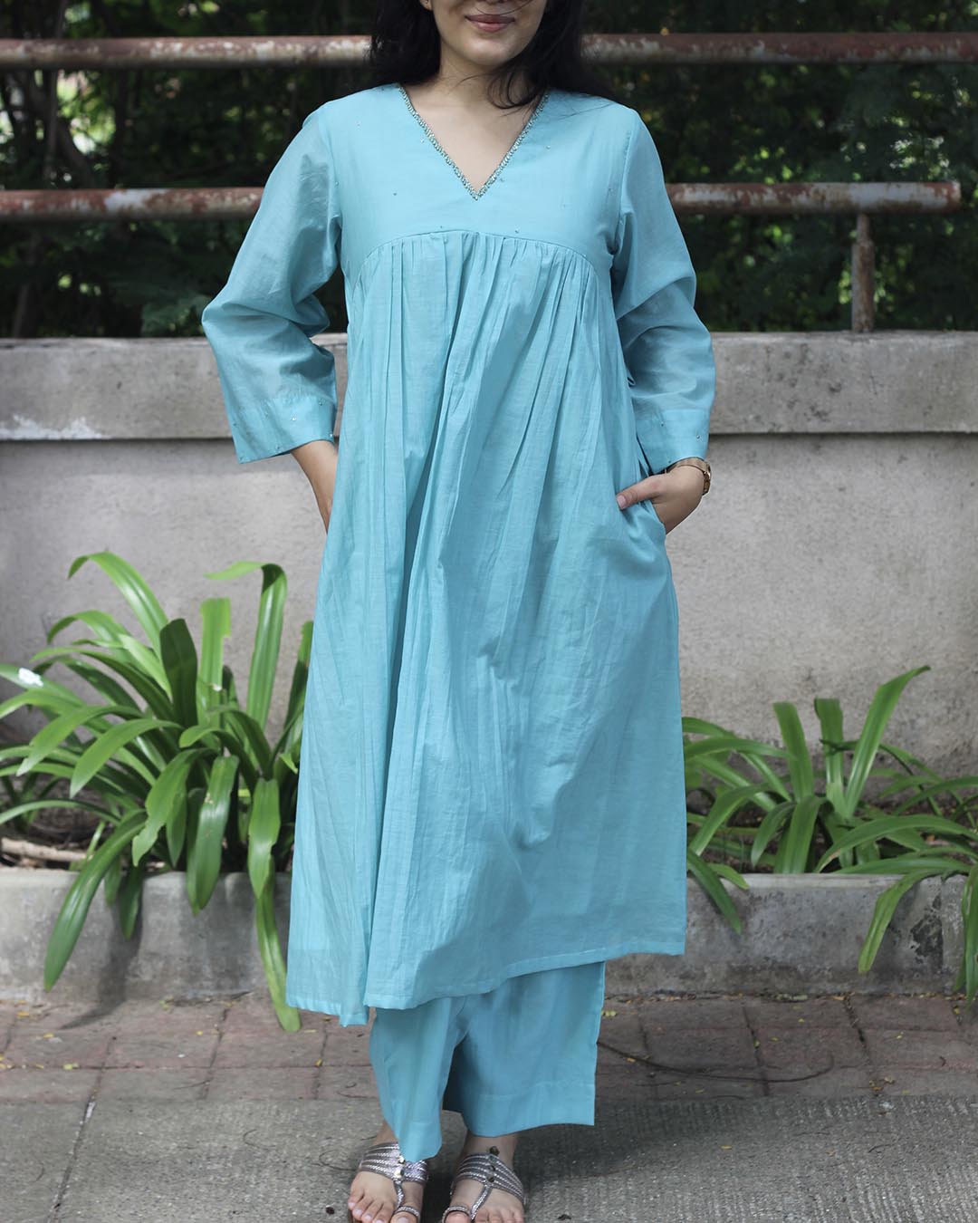 Mul Chanderi Turquoise Blue Kurta Set- Set of 2