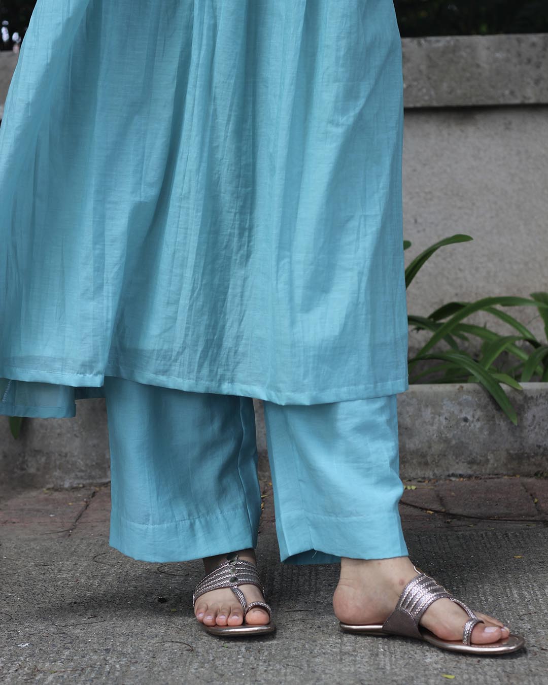 Mul Chanderi Turquoise Blue Kurta Set- Set of 2