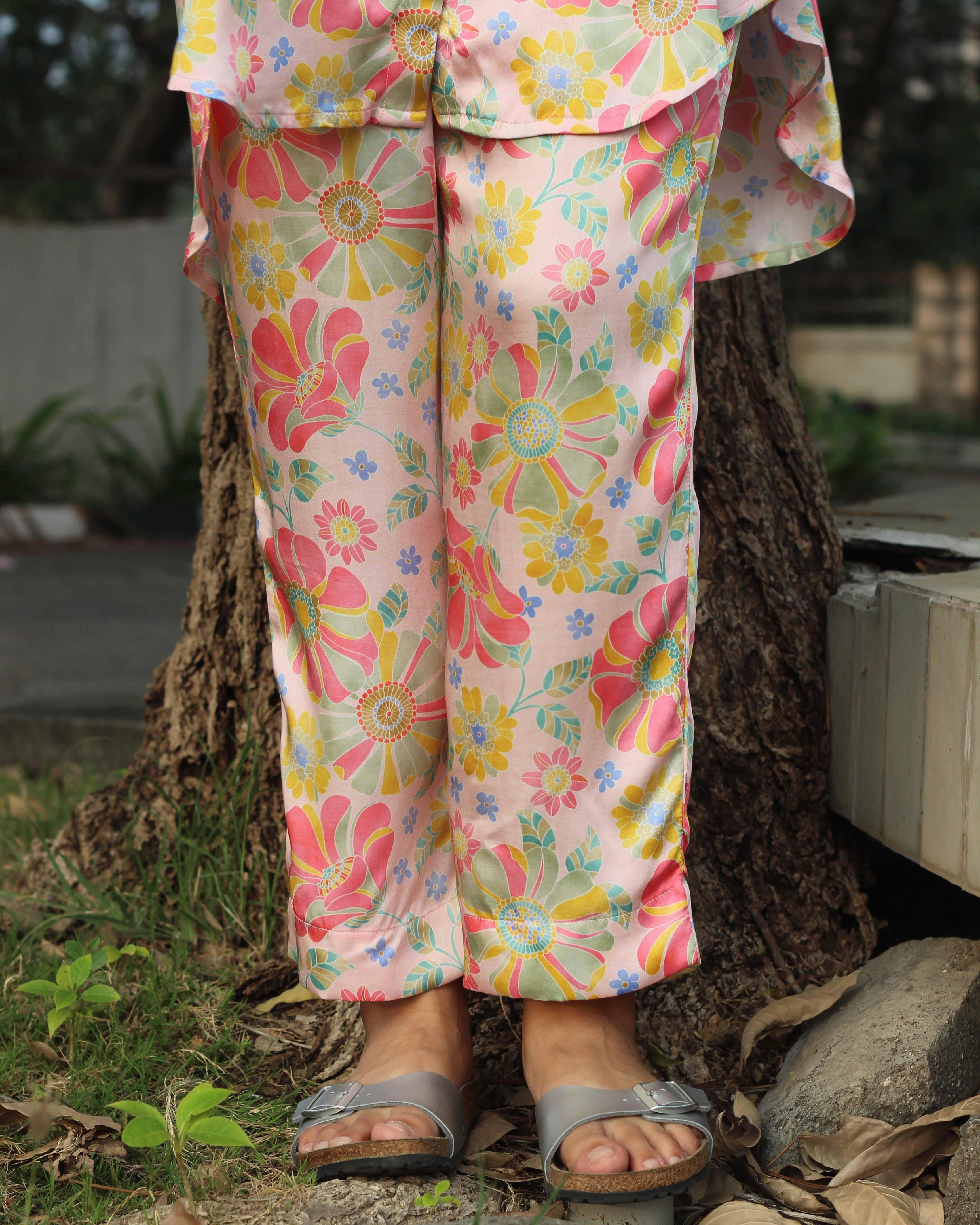 Bamberg Muslin floral co-ord set featuring a long shirt with collar and comfortable pants in soft fabric with a subtle shine